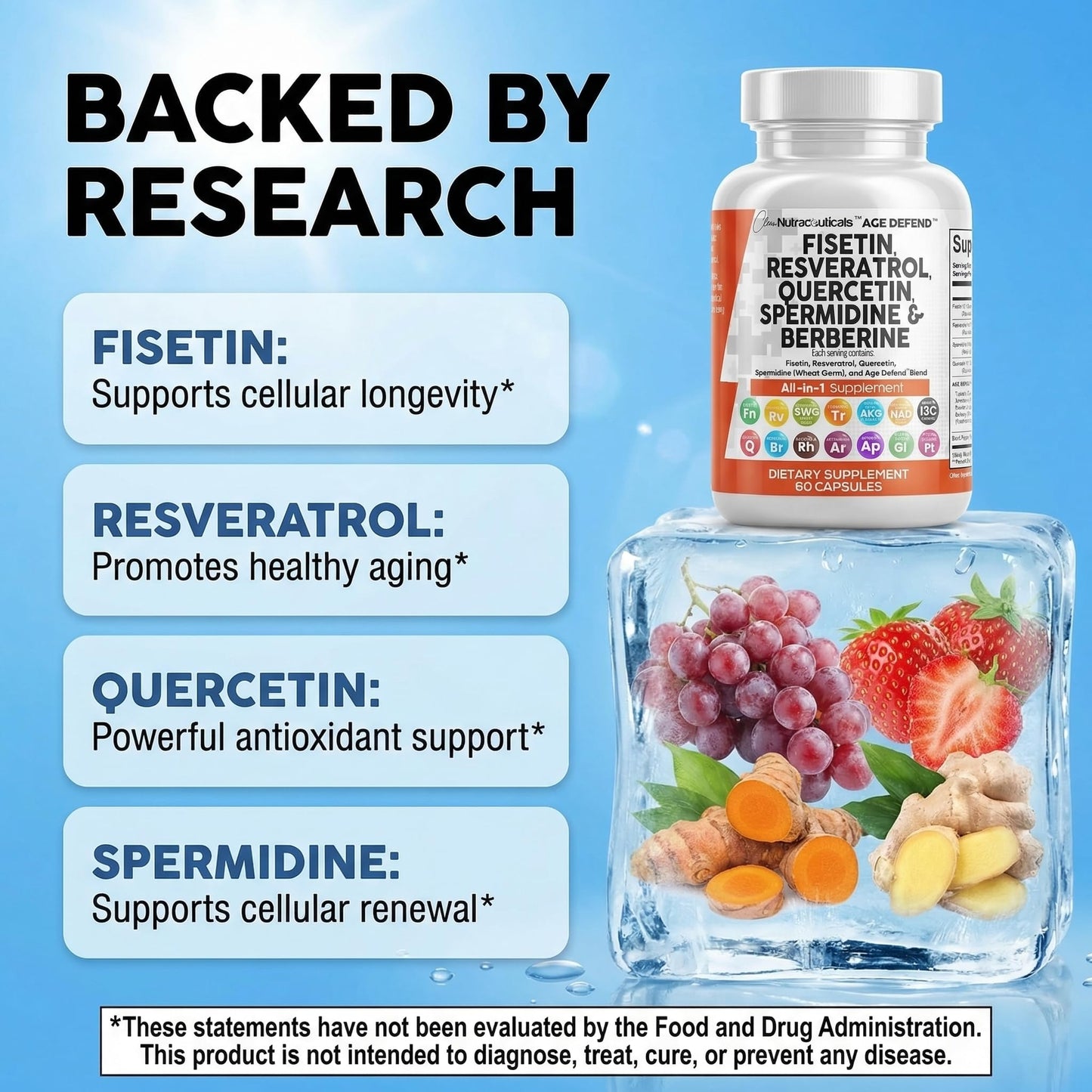 Clean Nutraceuticals Fisetin Quercetin Resveratrol Spermidine - Longevity Supplement with NAD Berberine Apigenin Capsules 60 Count