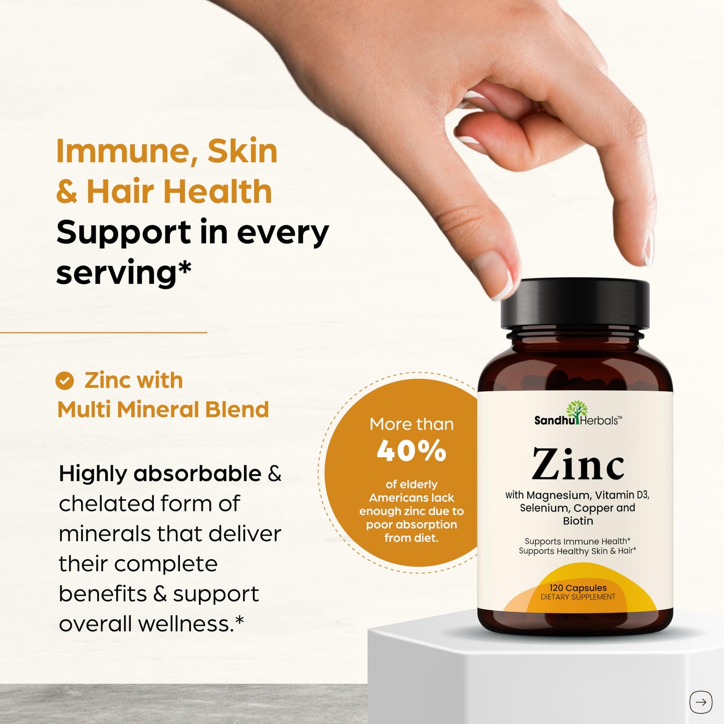 SANDHUHERBALS Zinc 30mg with Copper, Selenium & Vitamin D3 Capsules, 120 Count