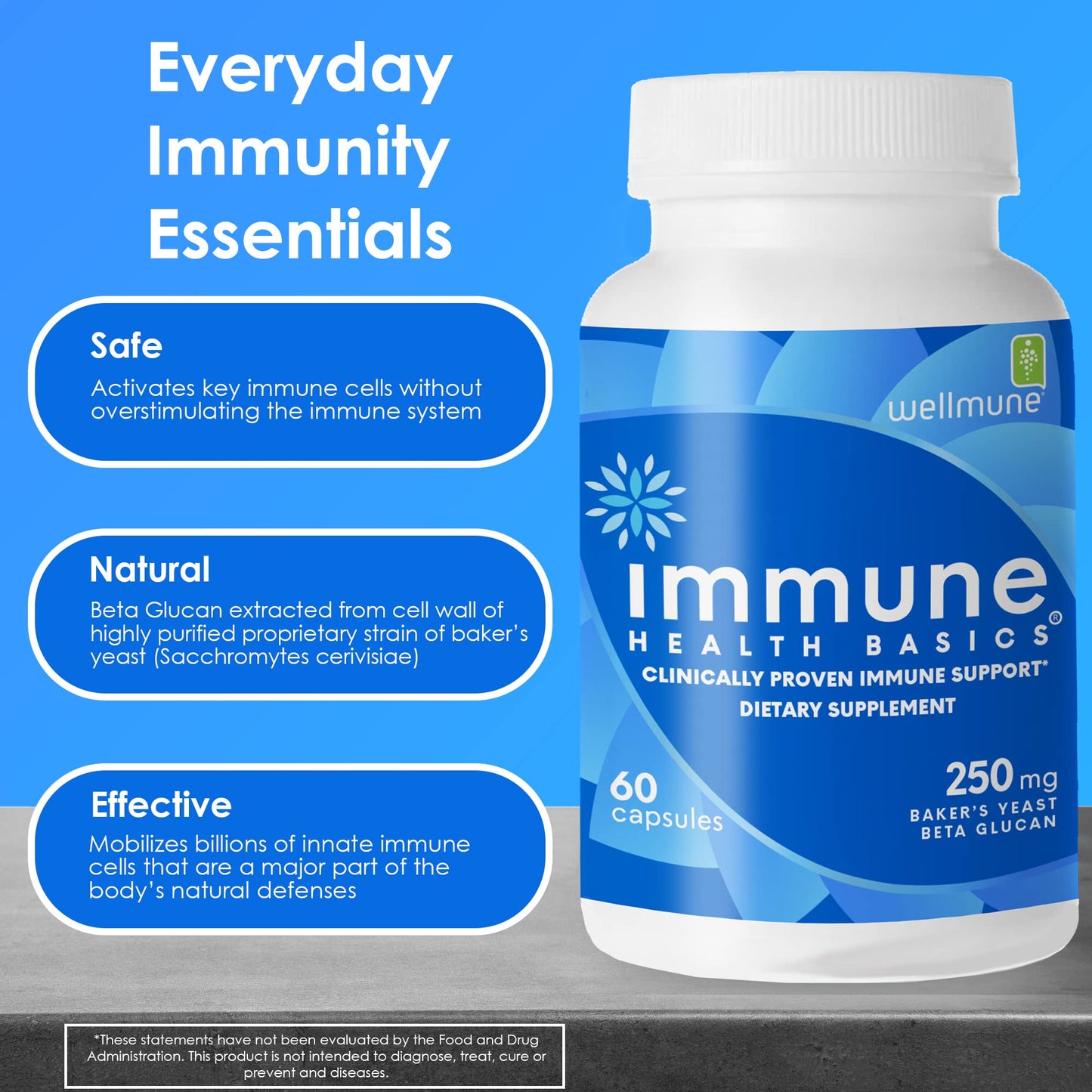 Immune Health Basics Ultra Strength Immunity - Clinically Proven Immunity Support - Wellmune Highly Purified Beta Glucan - Gluten-Free, Non-allergenic, Non-GMO and Vegan Capsules, 60 Capsules