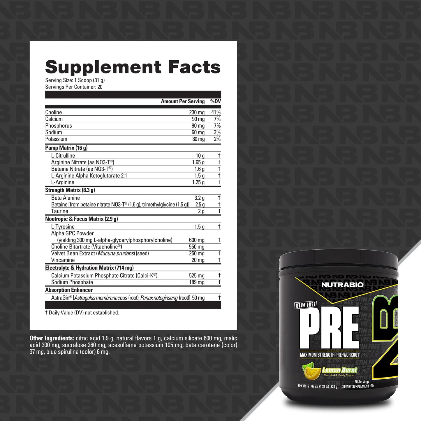NutraBio STIM-Free PRE Workout for Men Lemon Burst Powder 21.87