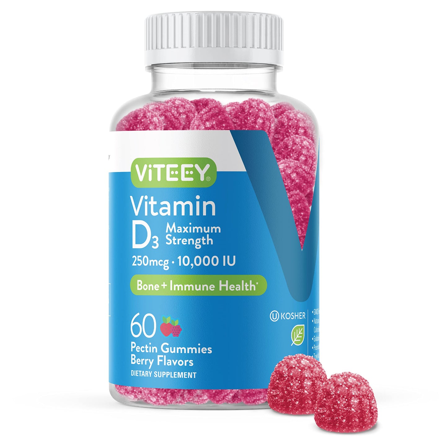 Viteey Vitamin D3 Gummies for Adults & Teens 10,000 IU (250 mcg) Pectin Gummy, 60 Count