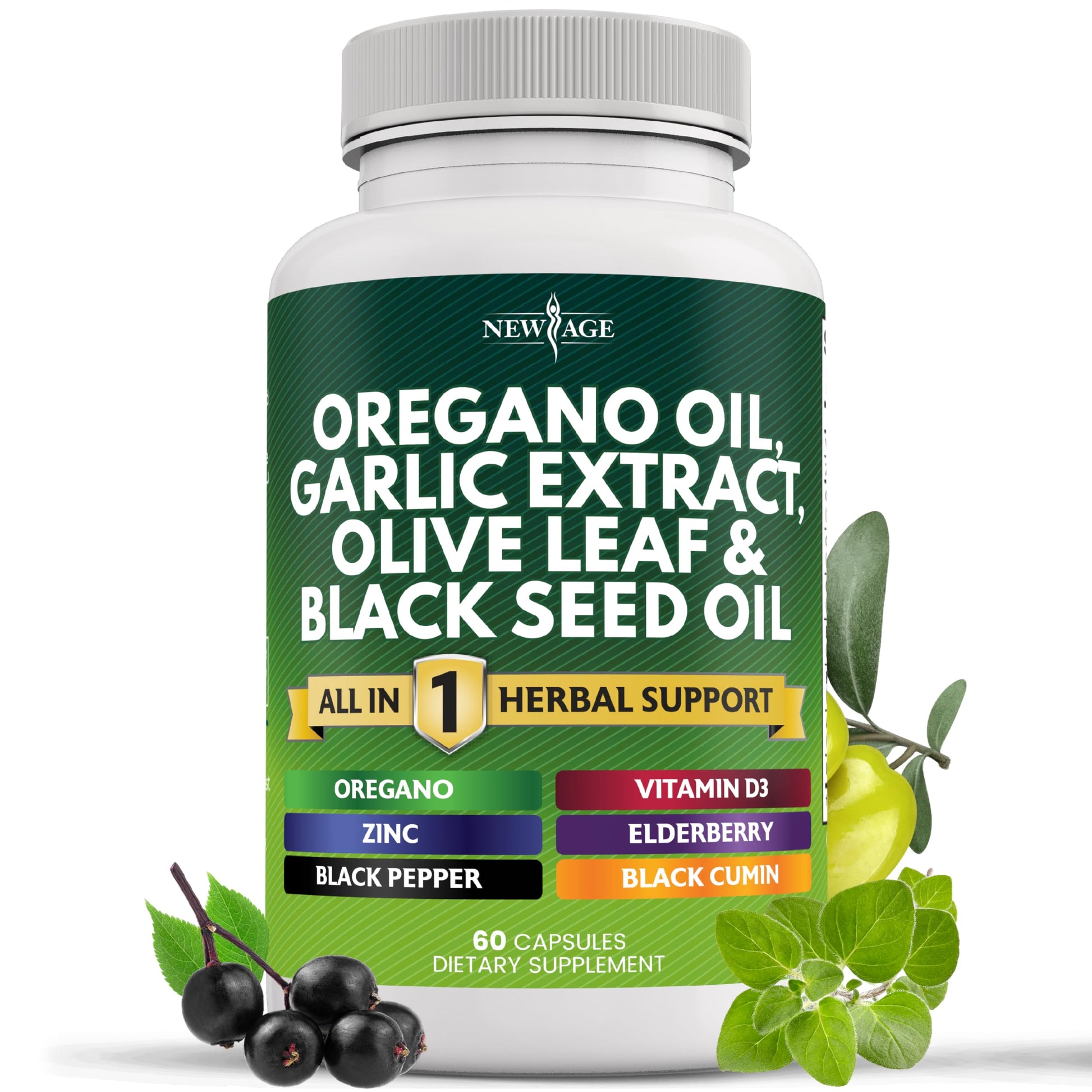 NEW AGE Oregano Oil Garlic Extract Olive Leaf with Astragalus Capsule 60 Count