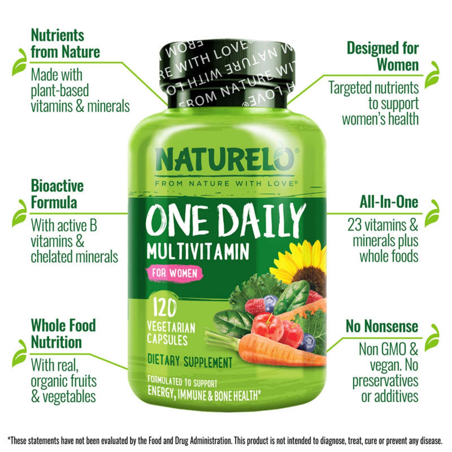 NATURELO One Daily Multivitamin for Women with Vitamin B12 - Capsules, 120 Count