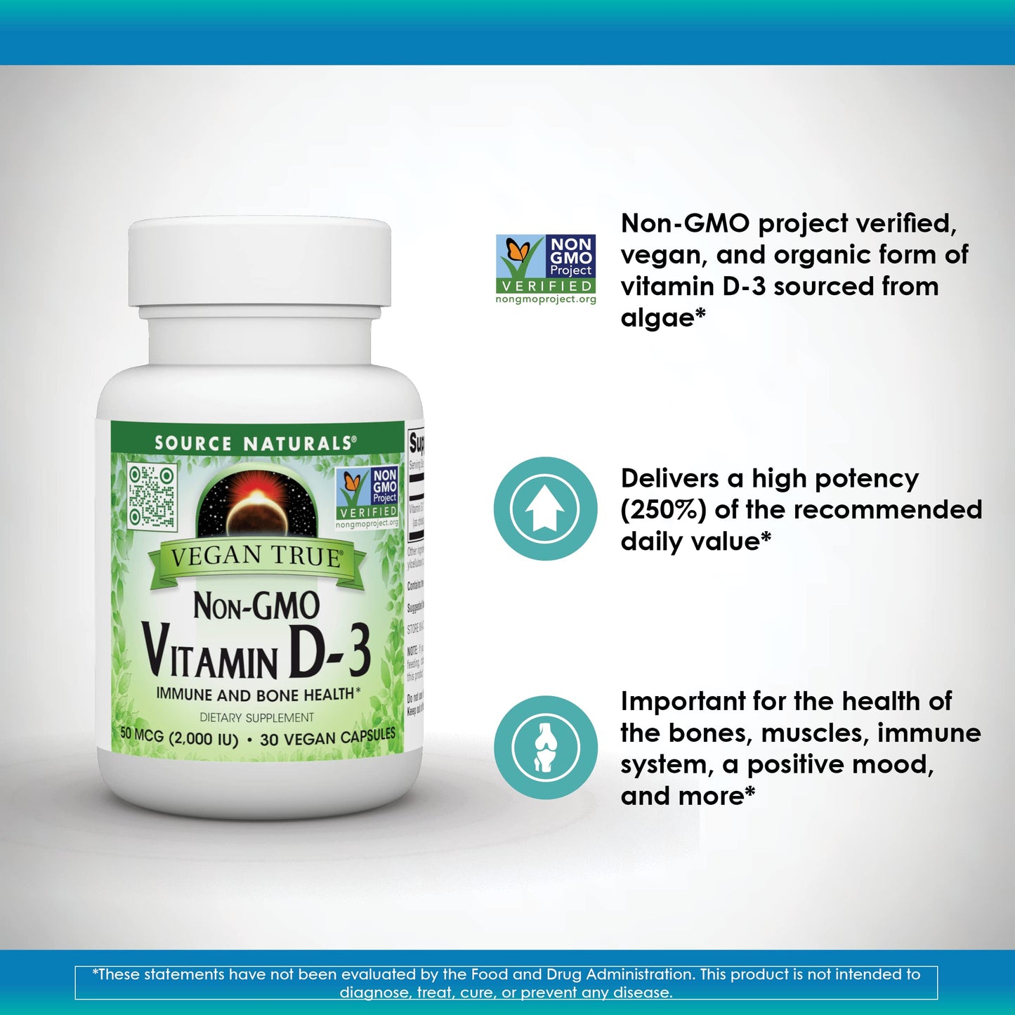Source Naturals Vegan True, Non-GMO Vitamin D-3, 2000 IU Capsule, 30 Capsules