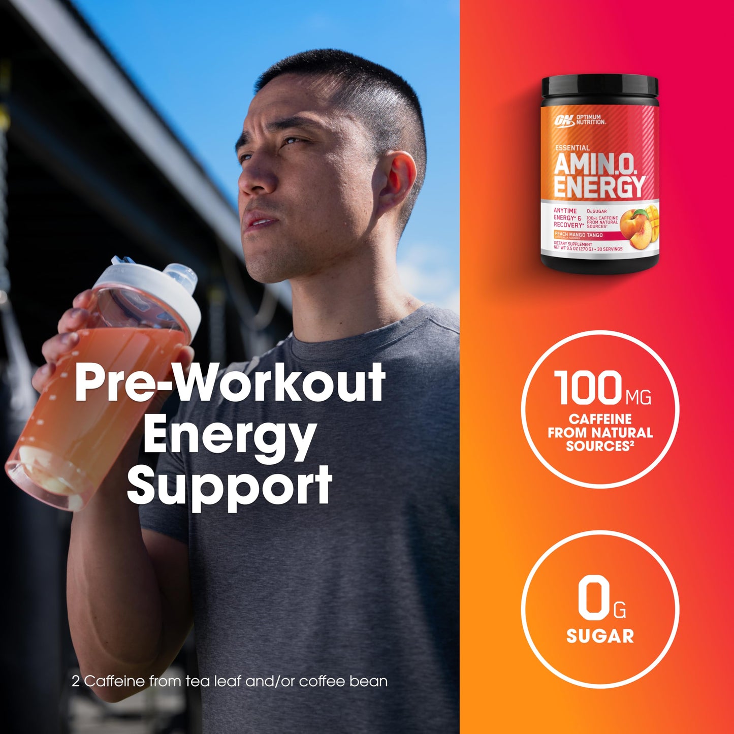Optimum Nutrition Amino Energy Pre Workout with Green Tea, BCAA, Amino Acids, Keto Friendly, Green Coffee Extract Energy Powder - Peach Mango Tango 9.5 Ounce
