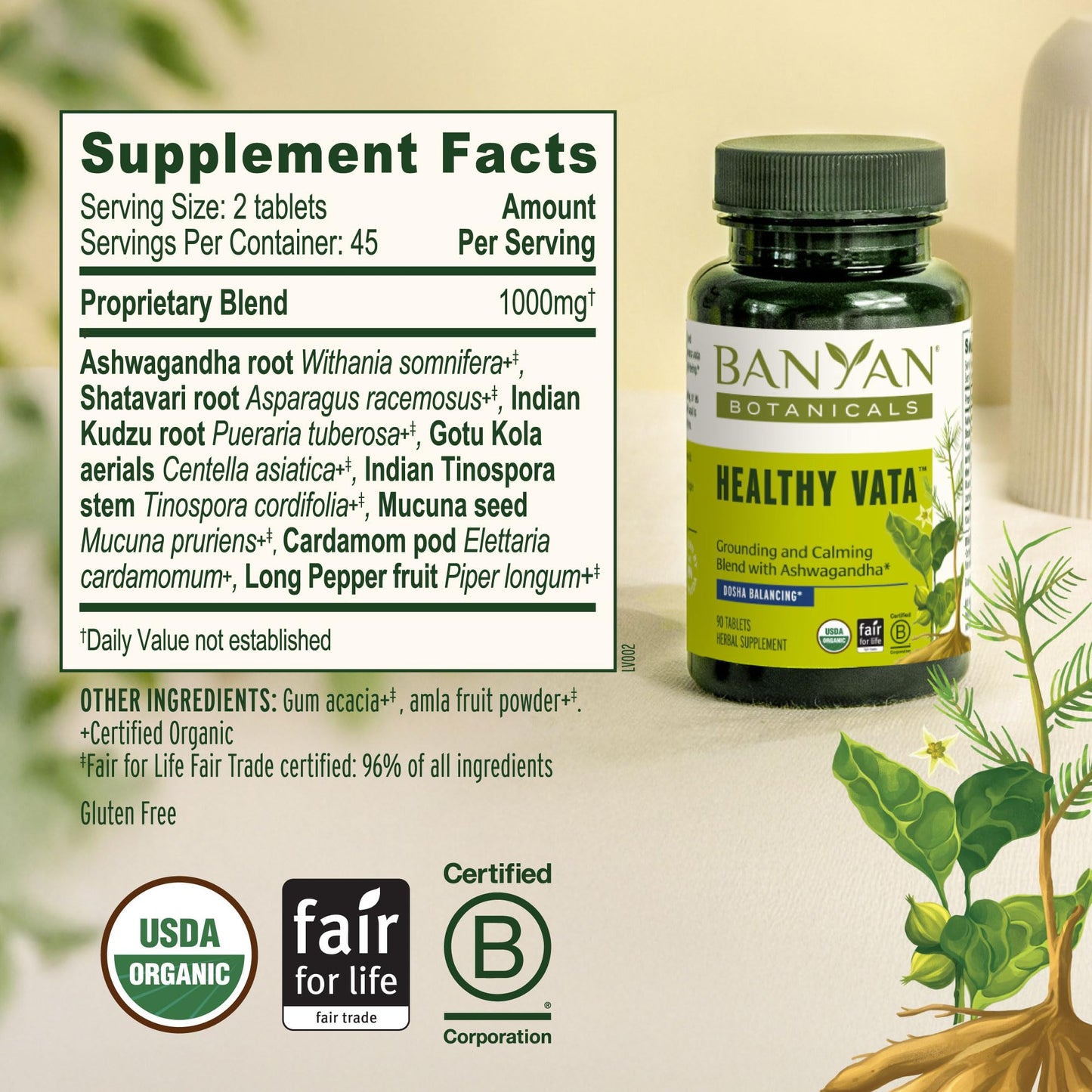 Banyan Botanicals Organic Healthy Vata Grounding & Stability Supplement with Ashwagandha, Shatavari & Mucuna, 90 Tablets
