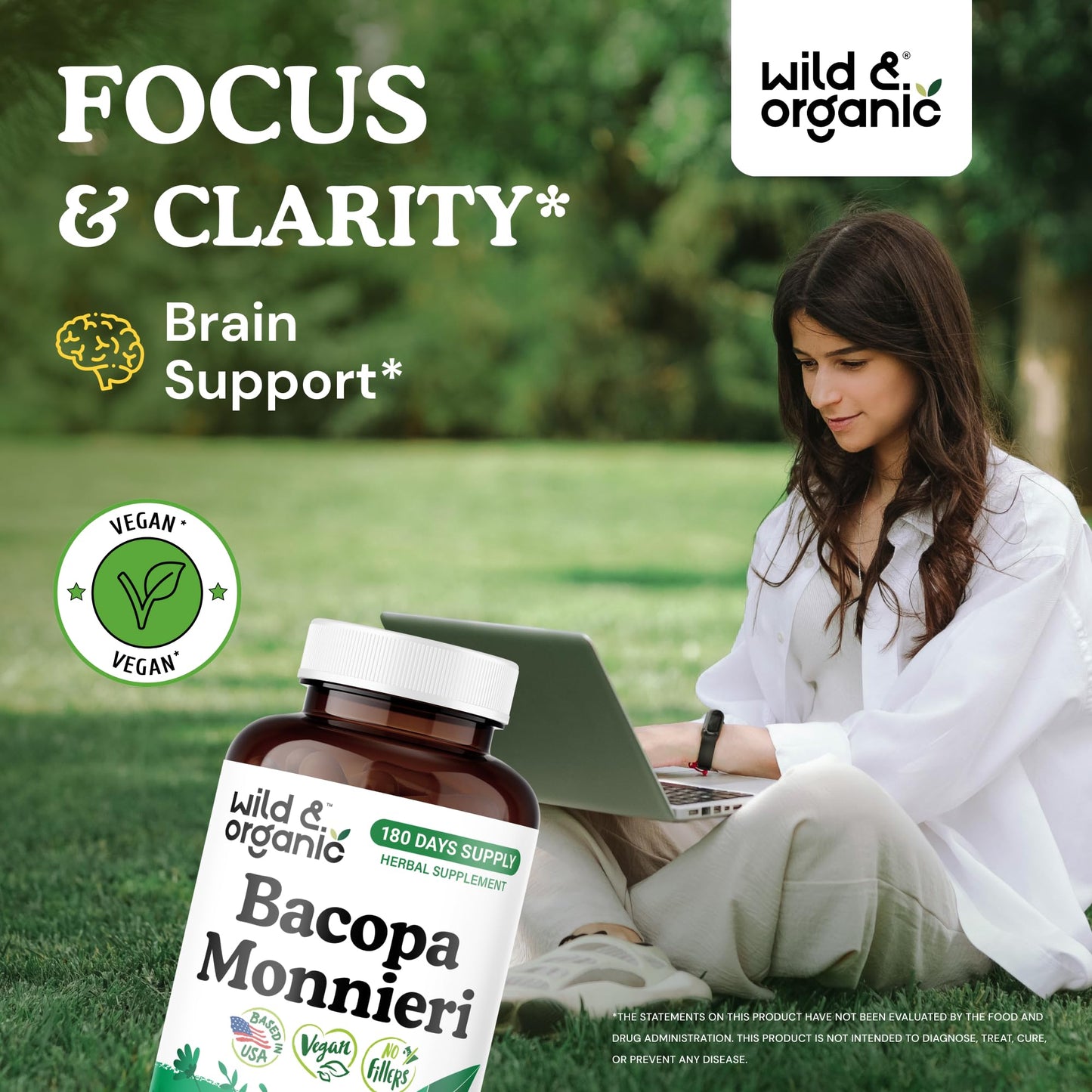 Wild & Organic Bacopa Monnieri Capsules 600 mg, 180 Count