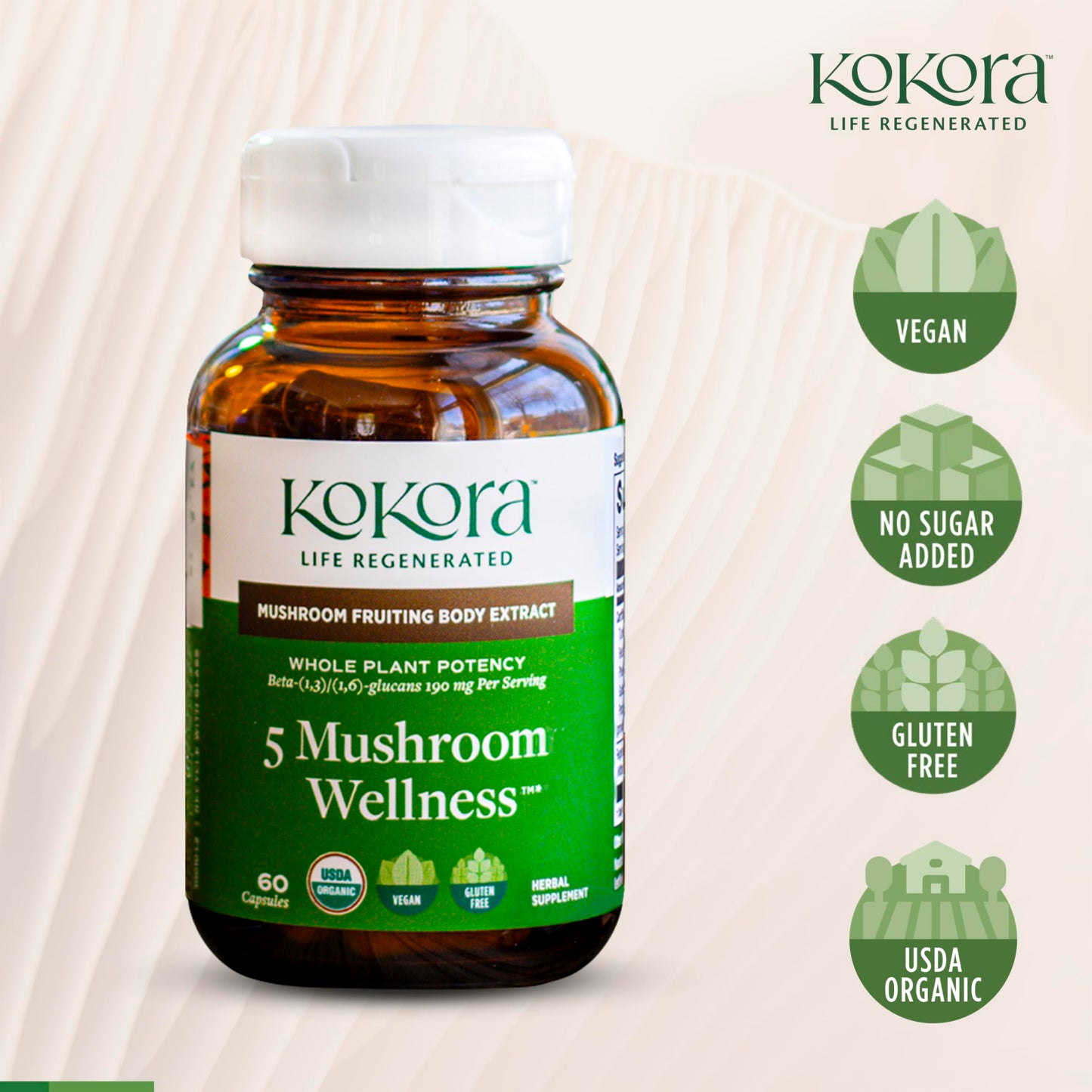 kokora 5 Mushroom Wellness Capsules, 60 Count