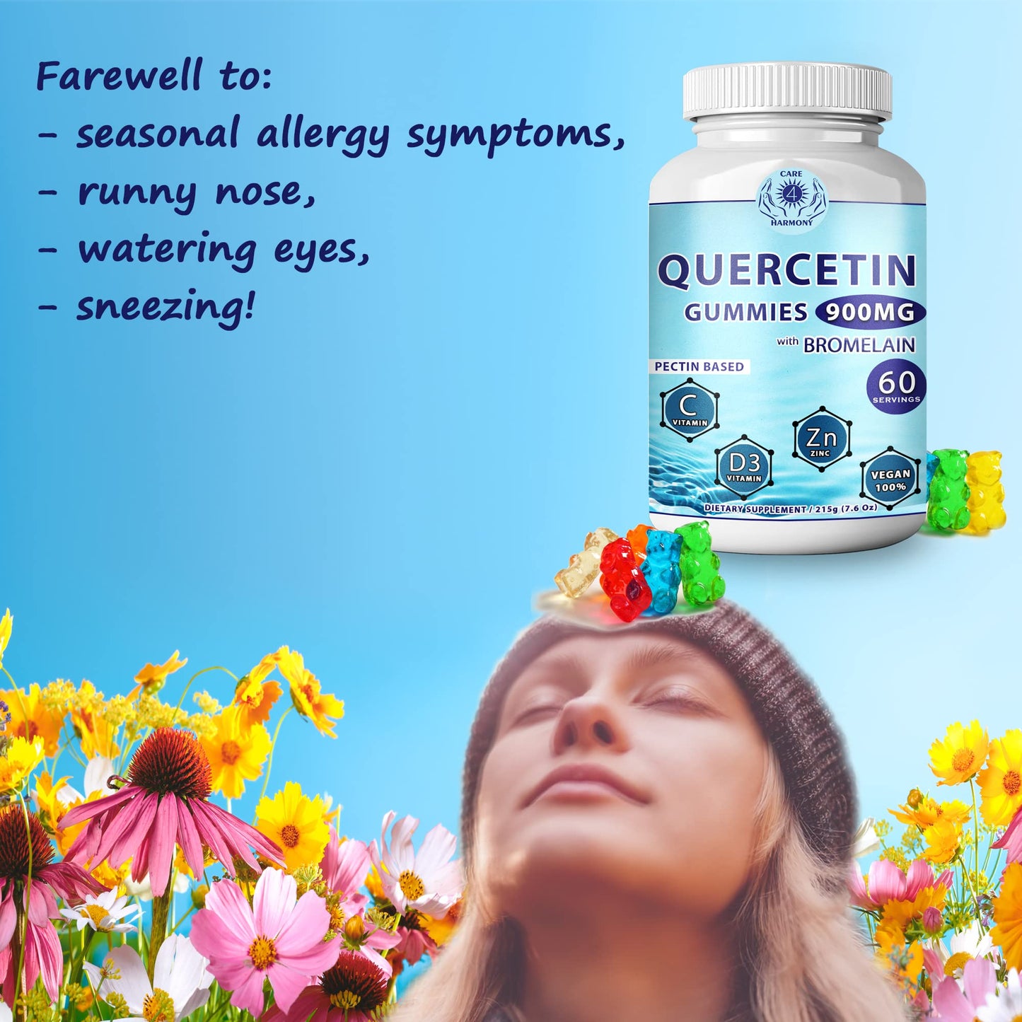 CARE 4 HARMONY Quercetin Gummies with Bromelain, Vitamin C, Zinc & Vitamin D3, 900mg Quercetin, 120 Gummies