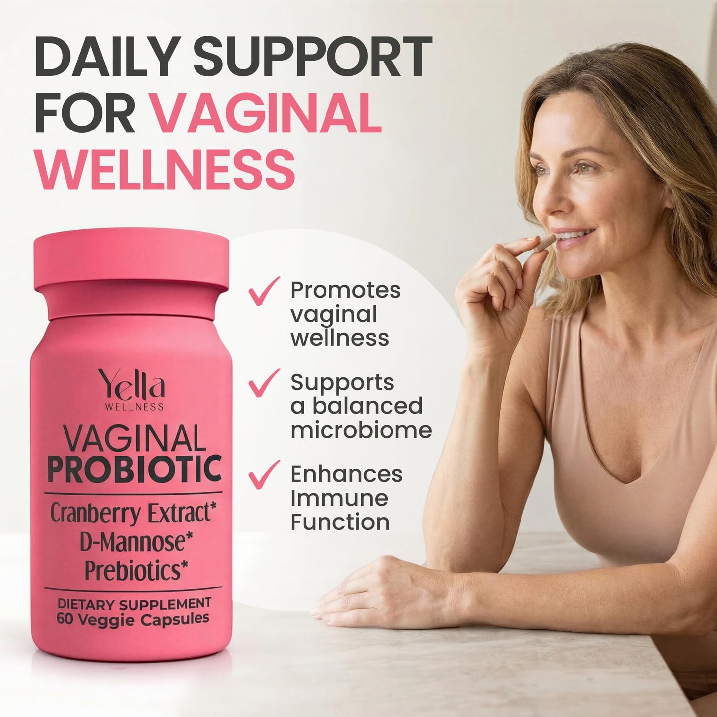 YELLA WELLNESS Vaginal Probiotics & Prebiotics for Women with Cranberry Extract Capsules, 60 Count