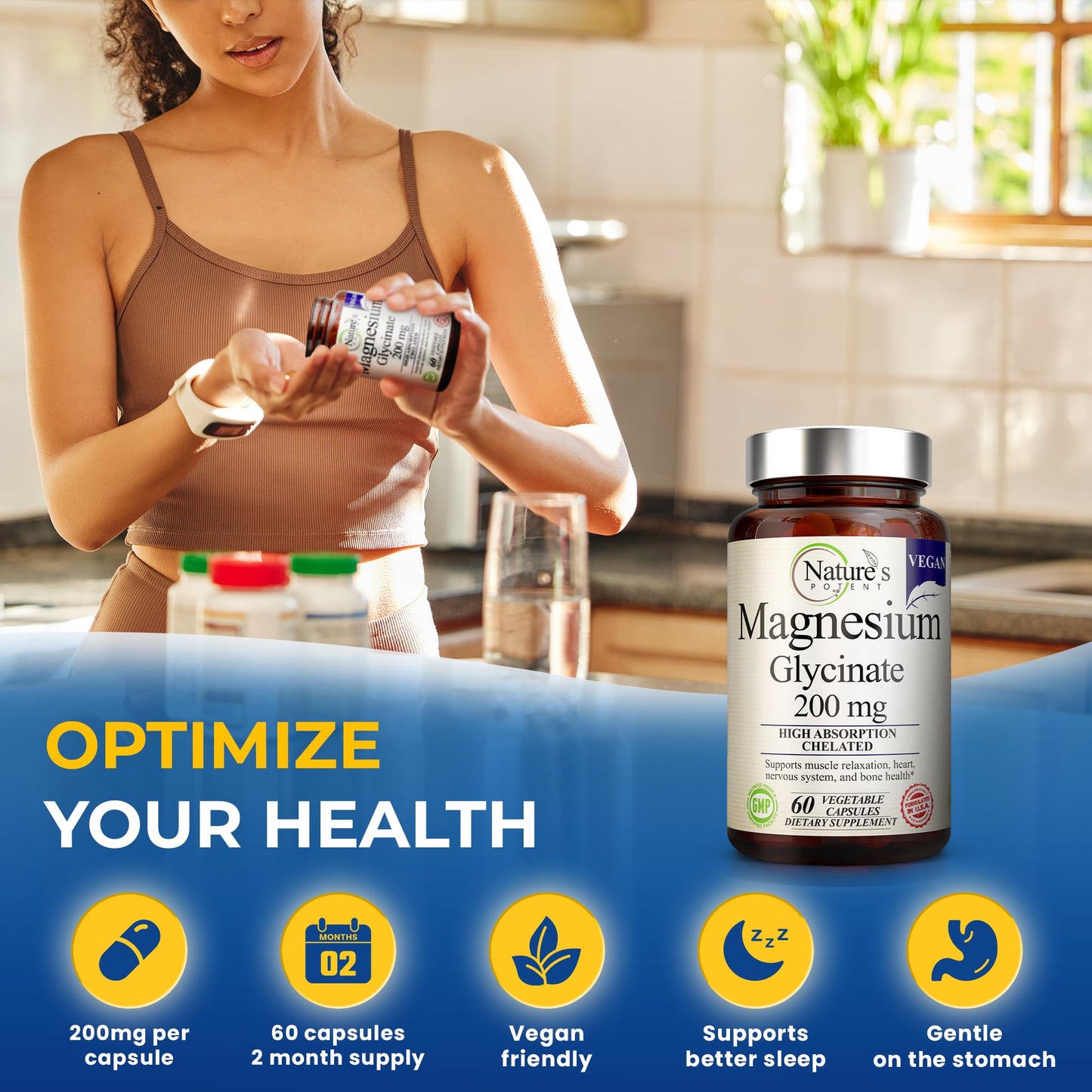 Nature's Potent Magnesium Glycinate 200mg Capsule, 60 Capsules