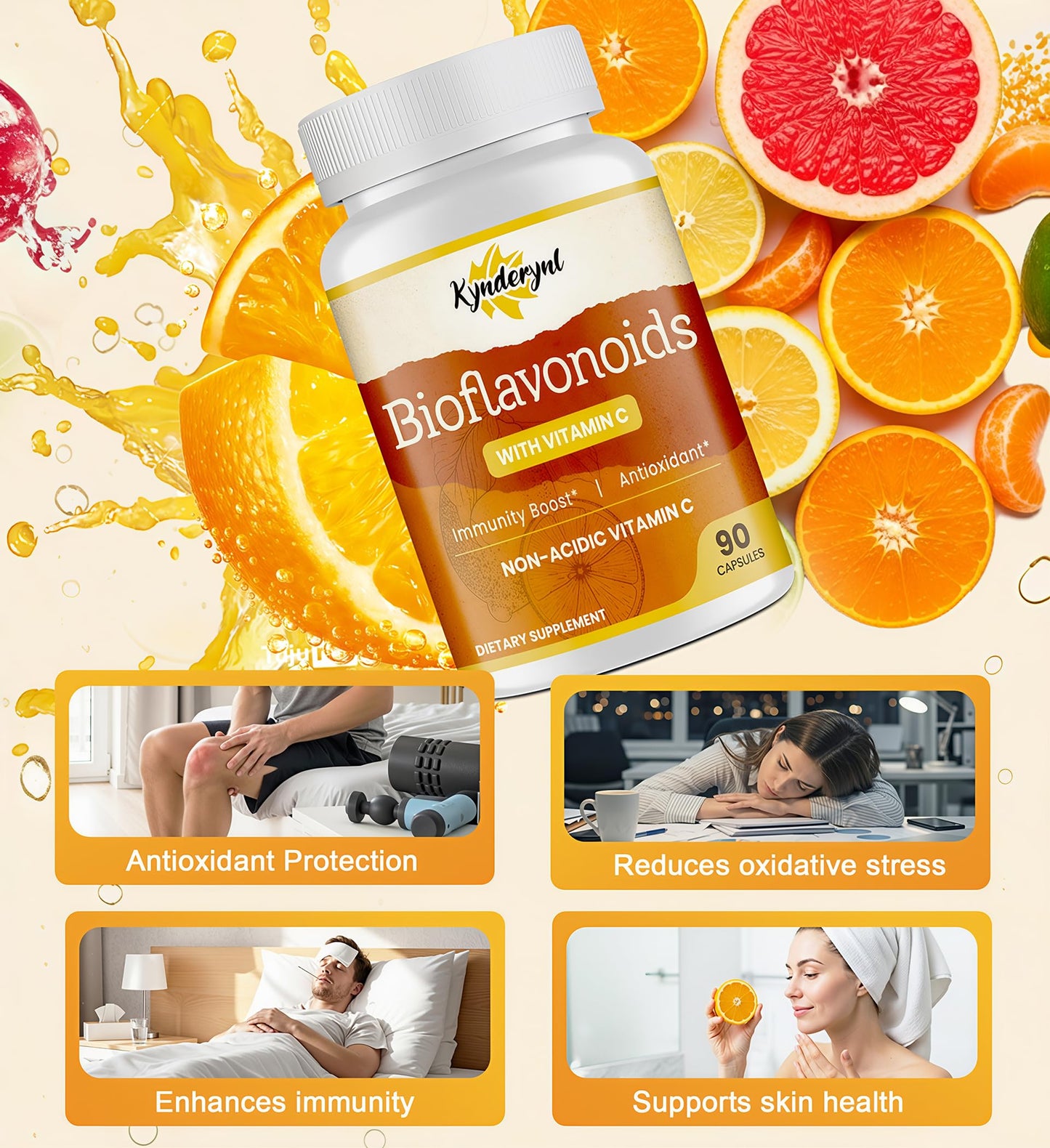 Kynderynl Vitamin C with Bioflavonoids Supplement for Immunity & Antioxidant & Skin - Blend of VIT C 1000mg and Citrus Bioflavonoids 1100mg, Non-Acidic Acerola Cherry Vitamin C, Vegan, 90 Capsules