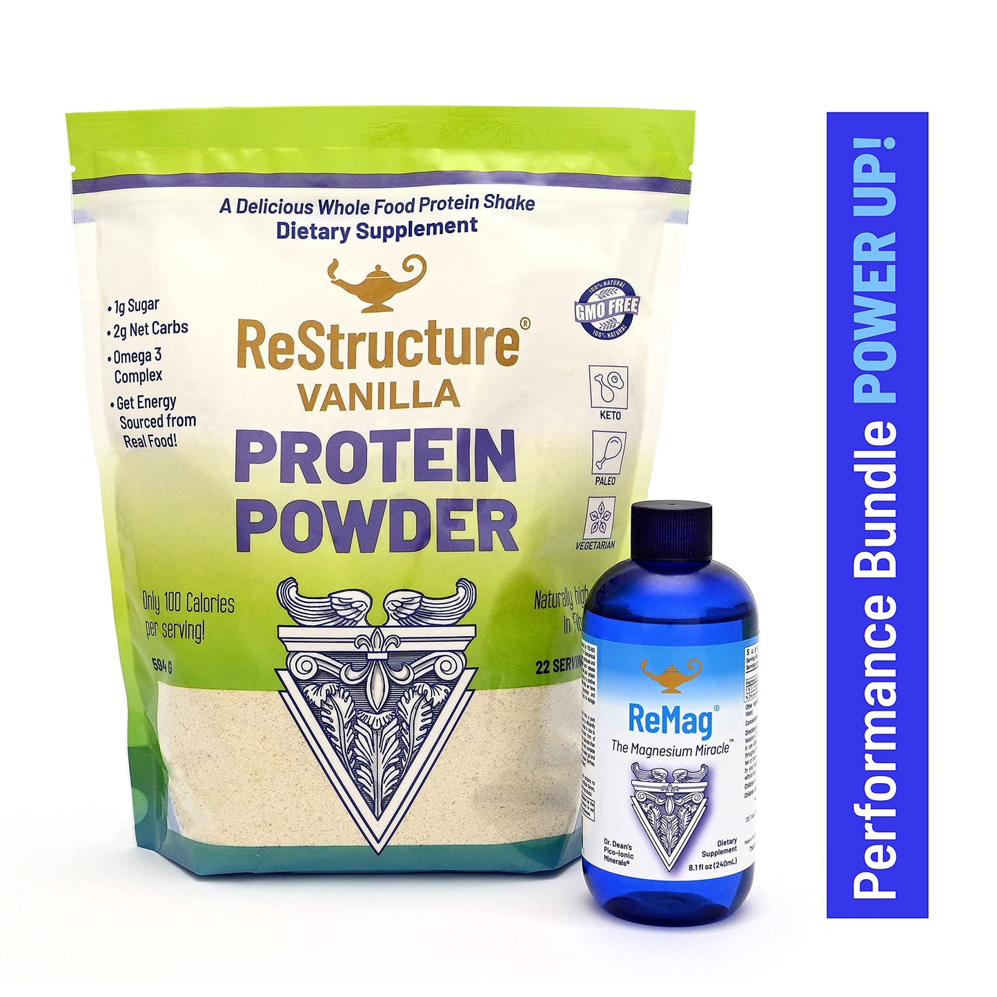 RnA ReSet Performance Bundle: ReMag Liquid Magnesium (Liquid, 8.1 oz) & ReStructure Vanilla Whey Protein (Powder, 594 g) – 1 Bundle