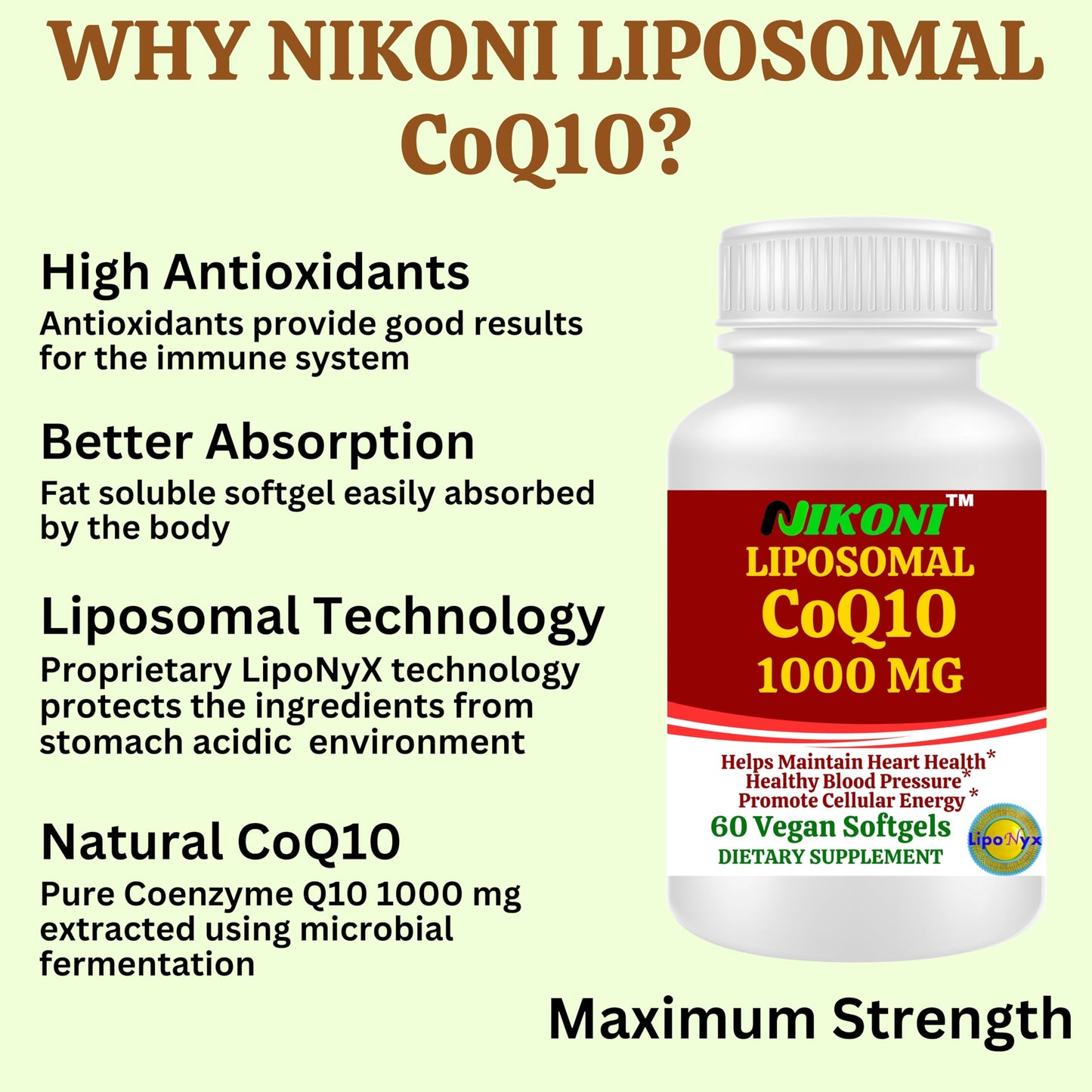 Nikoni Liposomal CoQ10 1000mg Softgels, 60-Count