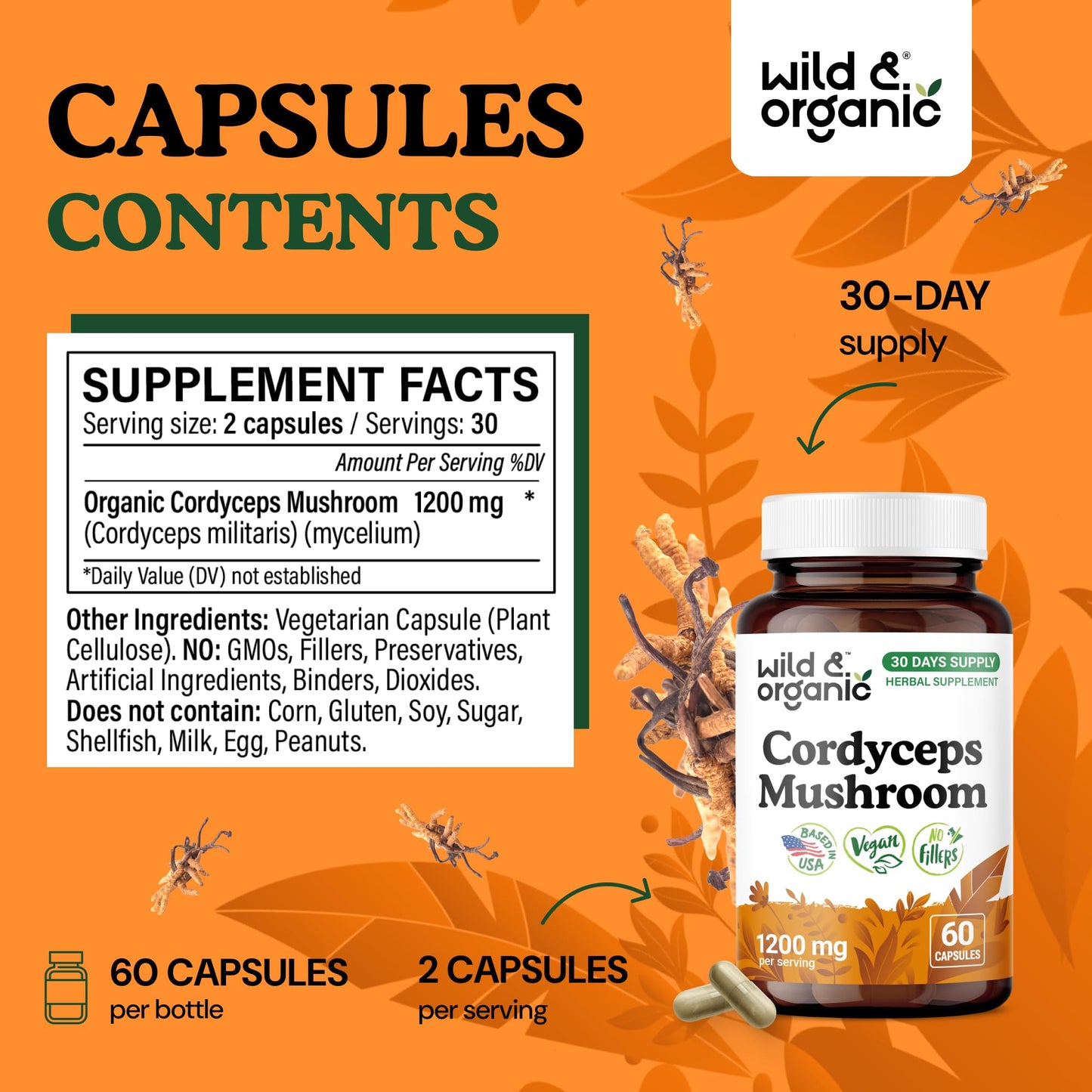 Wild & Organic Cordyceps Mushroom Capsule 1200 mg 60 Count