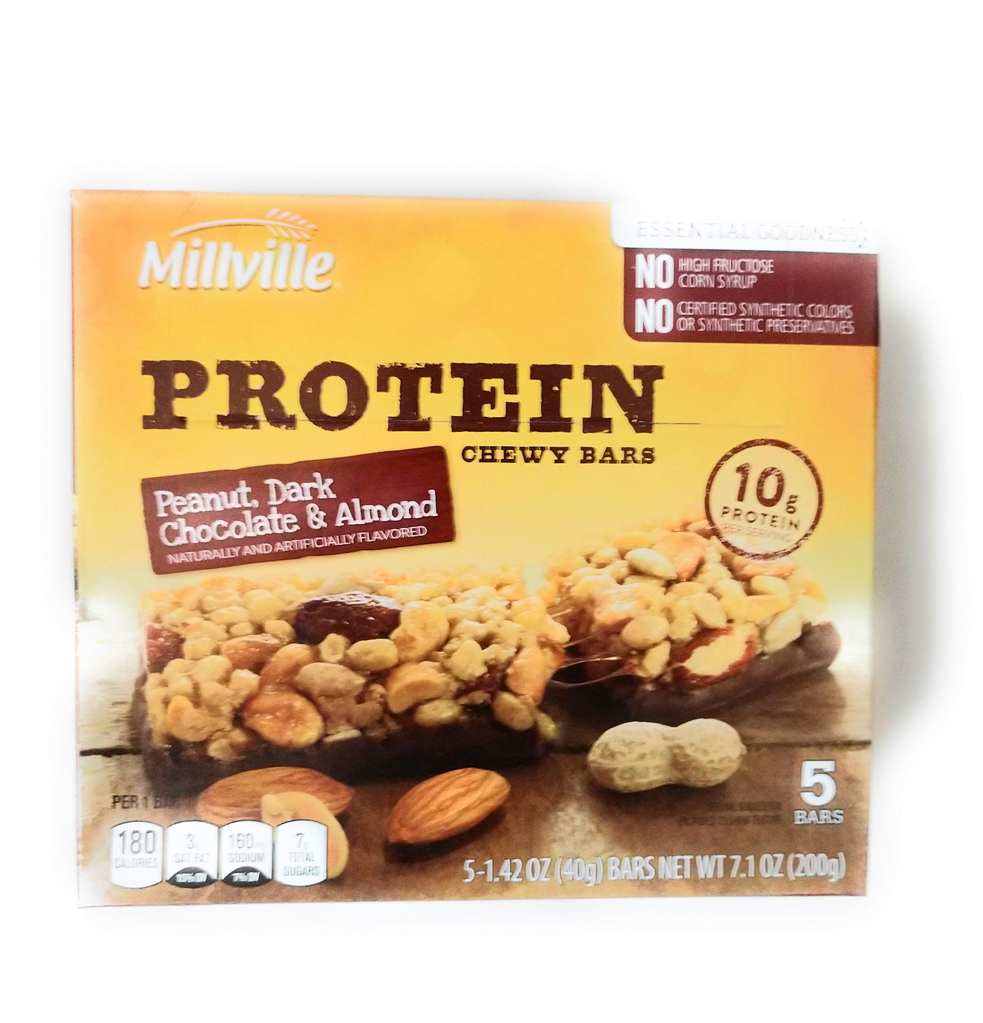 MILLVILLE Peanut, Dark Chocolate & Almond Protein Chewy Bars, 5 Count