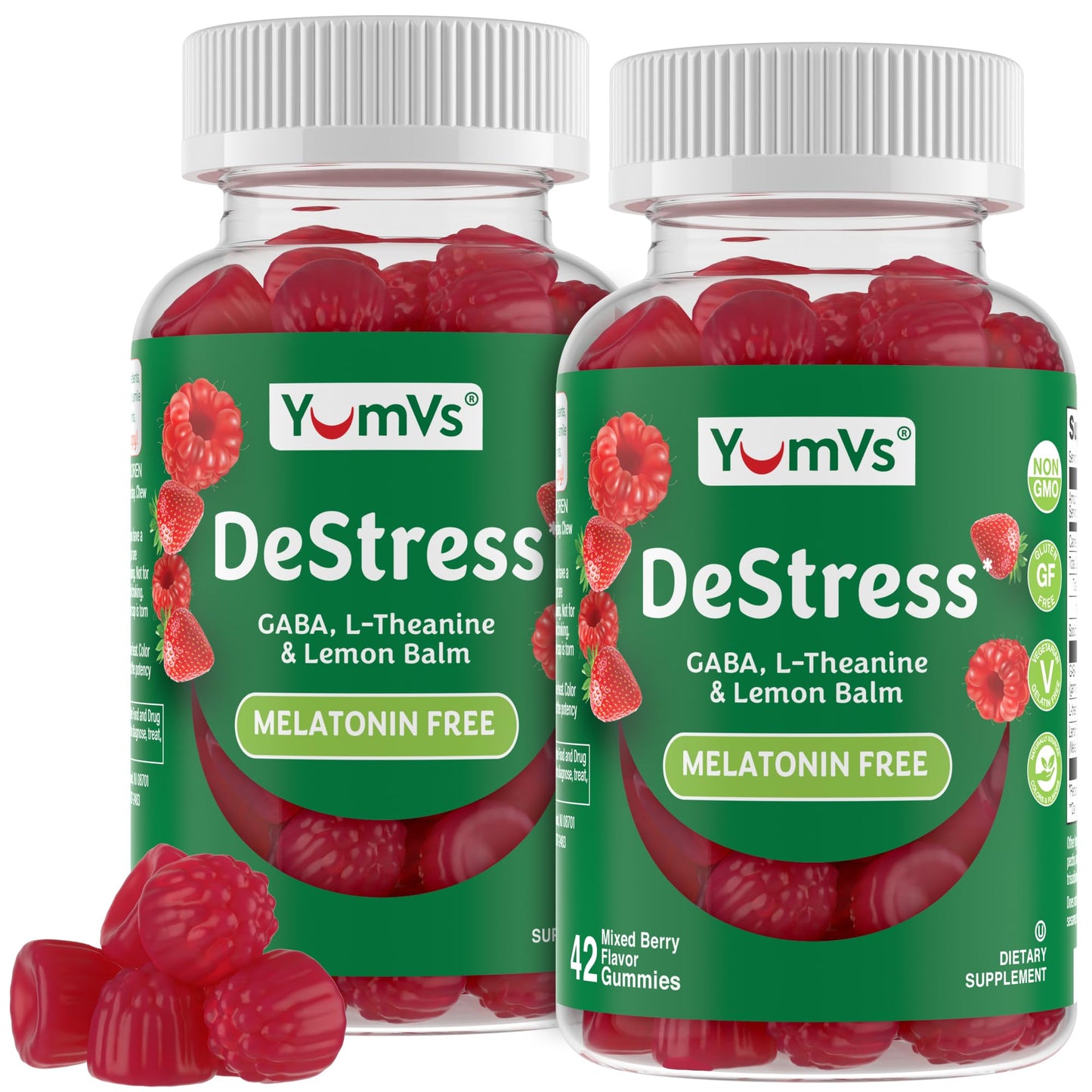 YUM-V'S De-Stress Gummies with GABA, L-Theanine and Lemon Balm - Mixed Berry Flavor - Calming Gummies for Adults and Teens, Gluten Free Non-GMO Vegetarian Mood Support, 84 Gummies