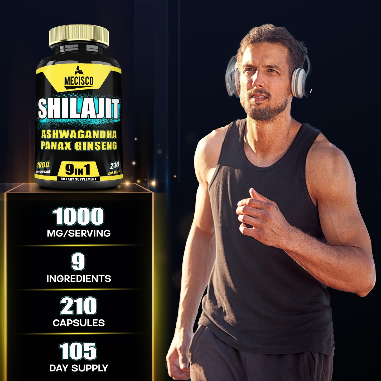 Mecisco Shilajit 9in1 Pure Himalayan Organic with Ashwagandha, Panax Ginseng, L-Arginine, Chaga & More Capsules 210