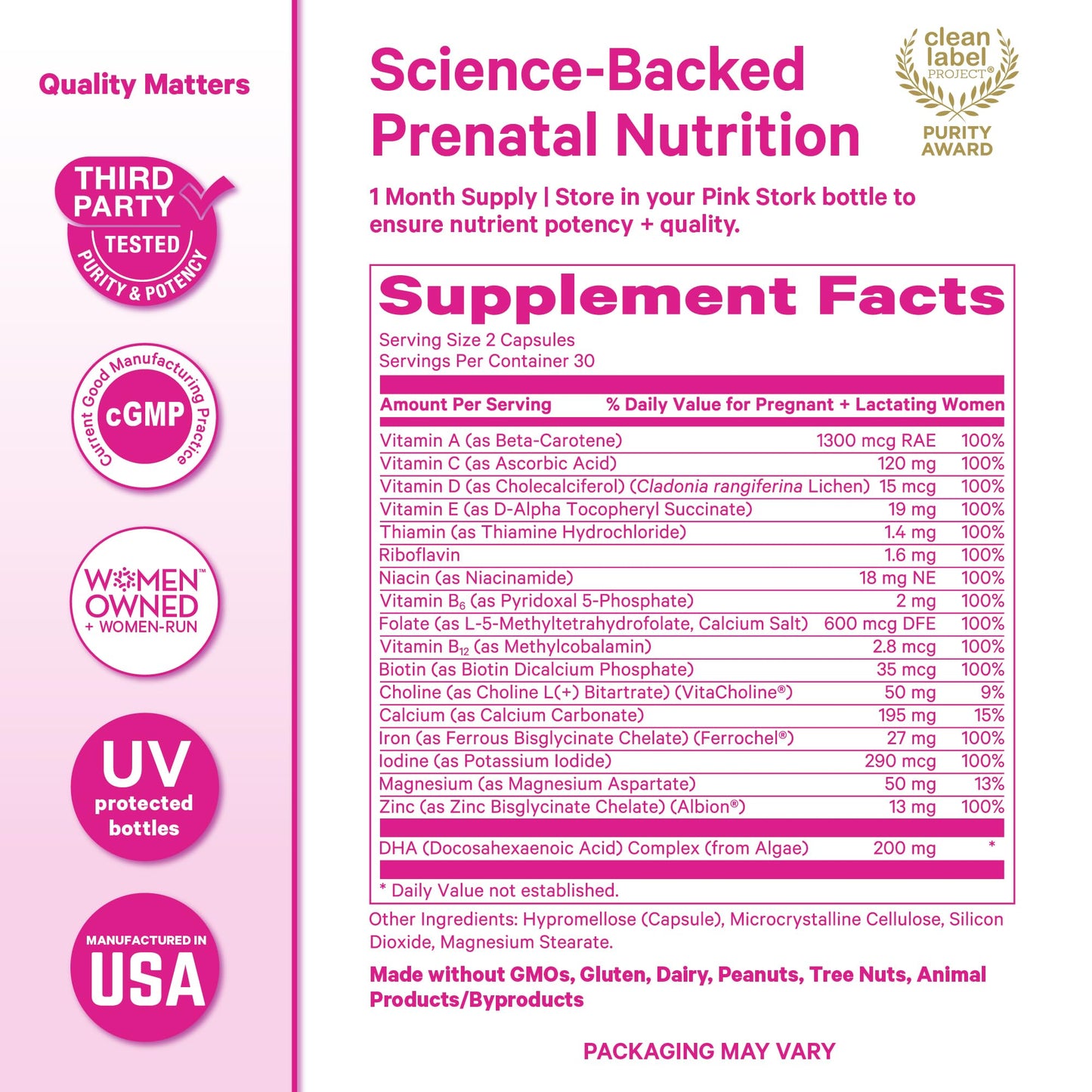 Pink Stork Total Prenatal Probiotic & Methyl Folate Capsules, 120 Capsules