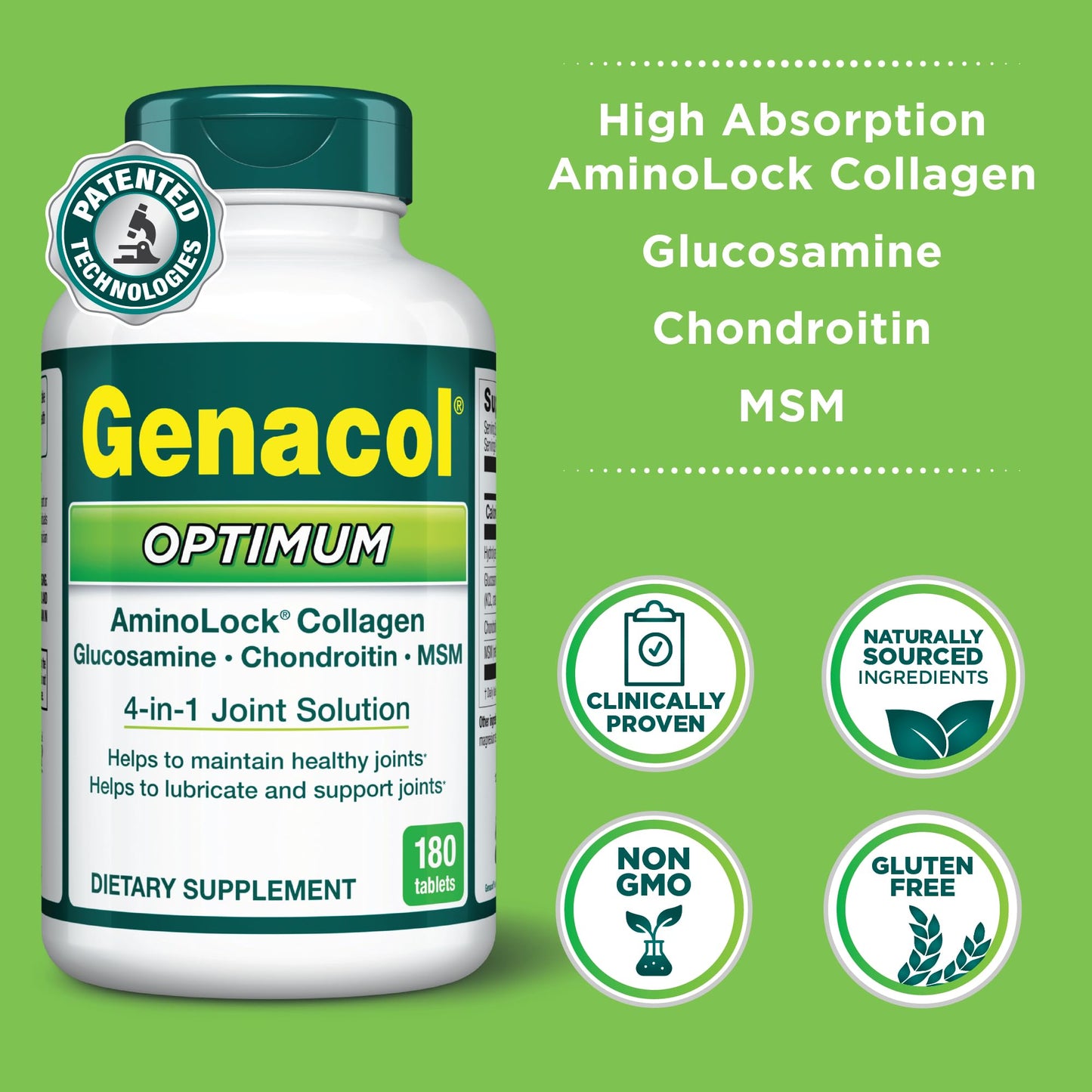 Genacol Optimum Glucosamine, Chondroitin, MSM & Ultra-Hydrolyzed Collagen Joint Supplement, Complete Formula for Joints and Cartilage, 180 Tablets