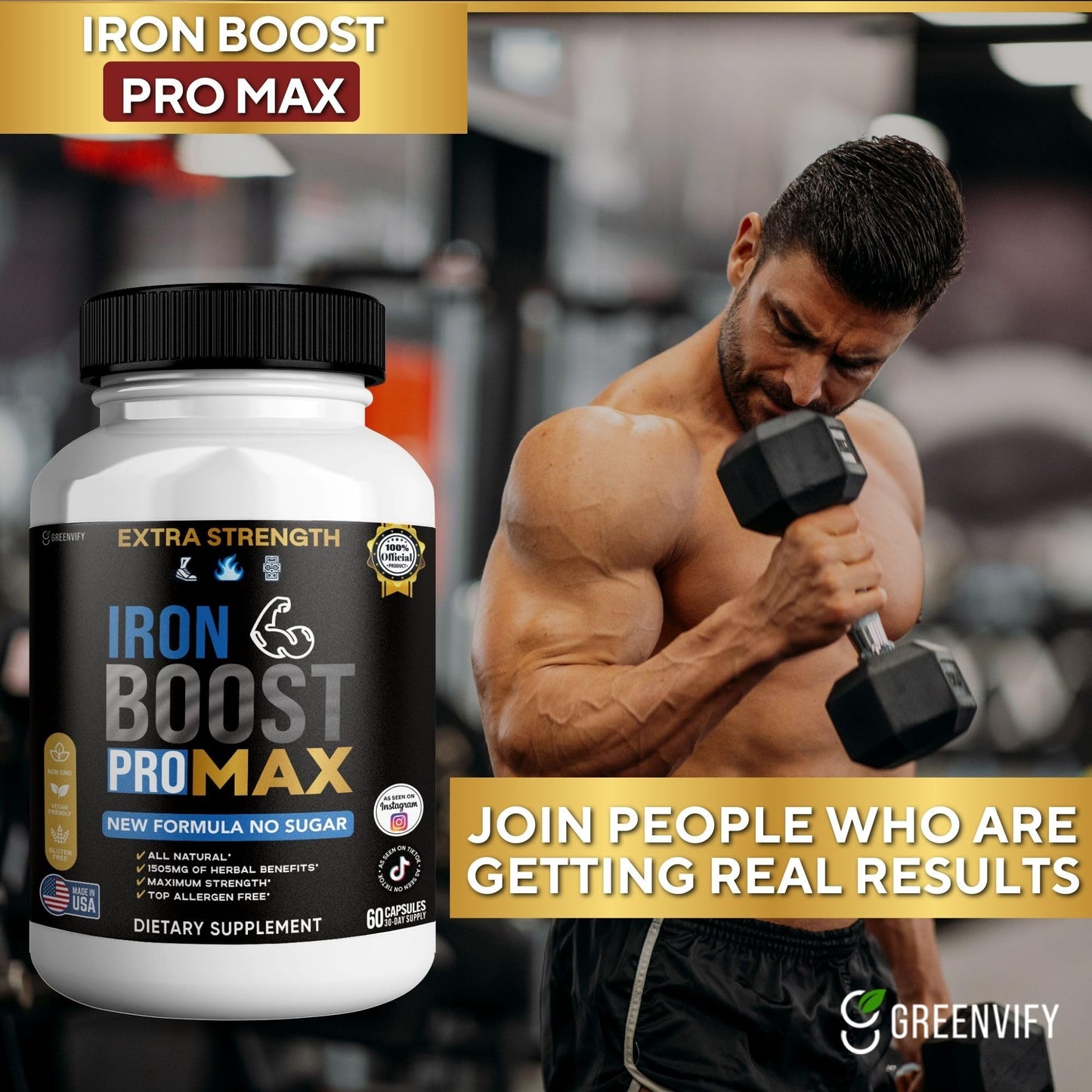GREENVIFY Iron Boost Pro Max Extra Strength Dietary Supplement Organic Maca Root Blend Capsules, 60 Count