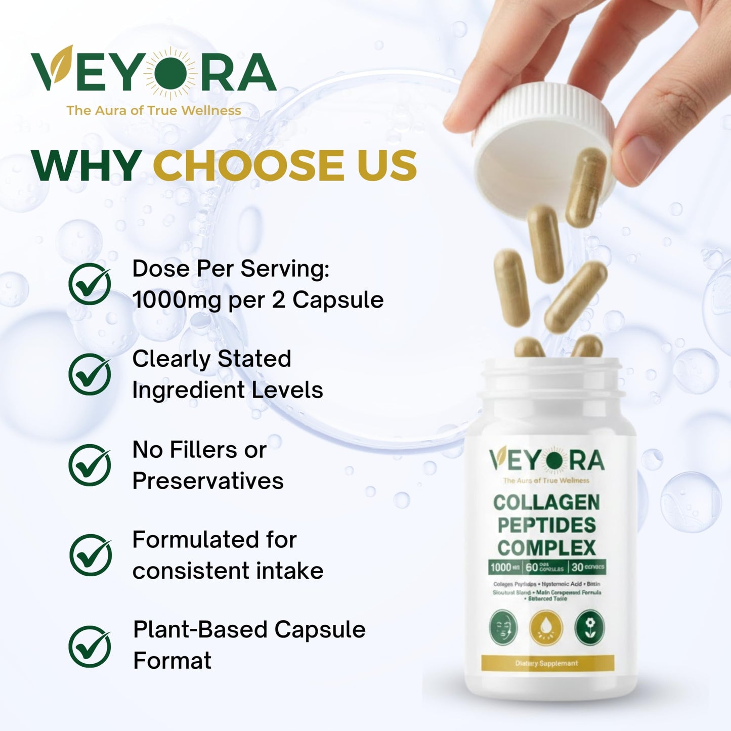 VEYORA Collagen Peptides Complex 1000 mg Capsules, 60 Count