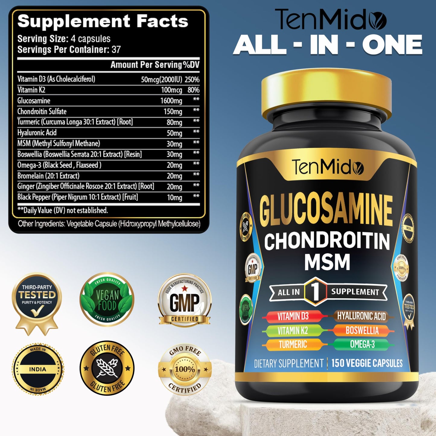 Tenmido Glucosamine Chondroitin MSM Supplement Capsules, 150 Count