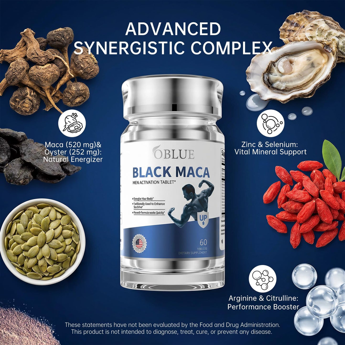 OBLUE Black Maca Men Activation Supplement Tablets 60 Count