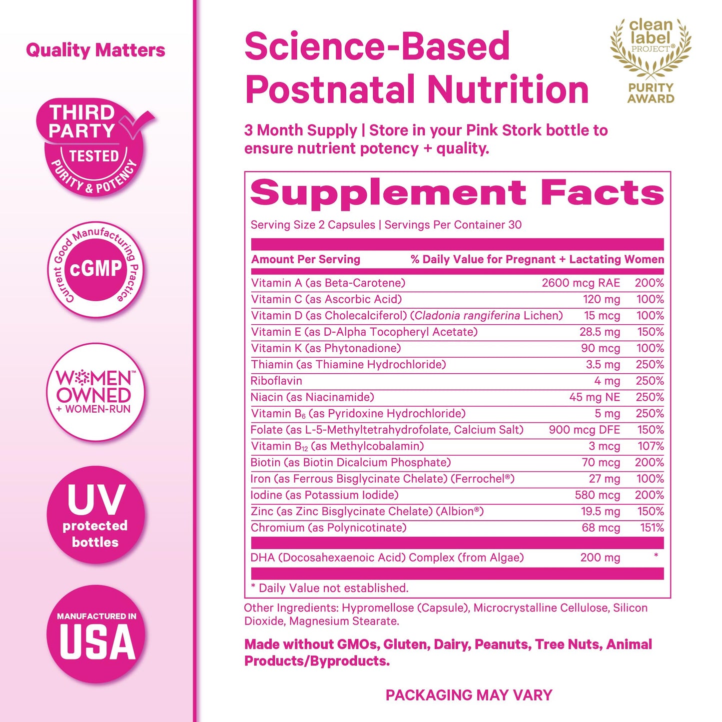 Pink Stork Total Postnatal Vitamins for Women with Vegan DHA, Iron, Folate, and Vitamin B12 Capsules, 180 Count