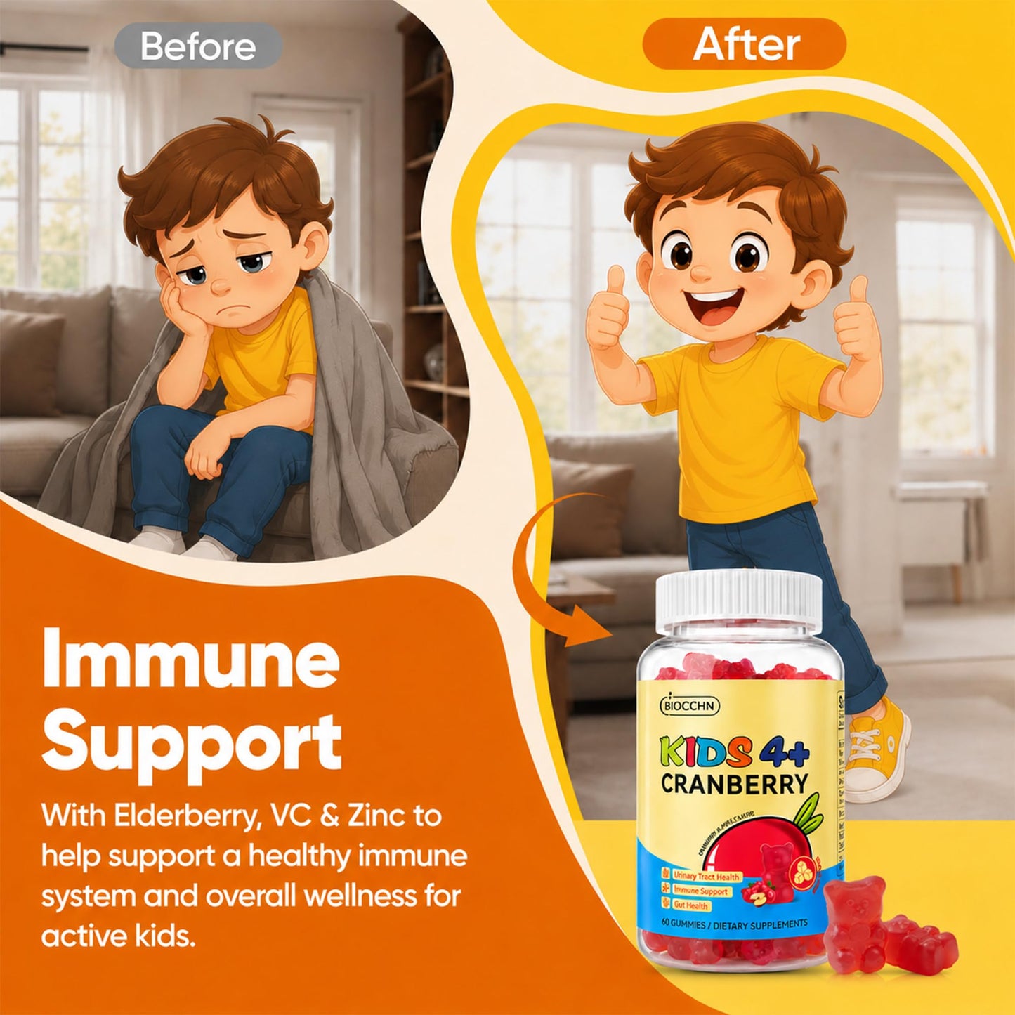 BIOCCHN Cranberry Gummies for Kids, D-Mannose Urinary Tract Health & Immune Support, 60 Count