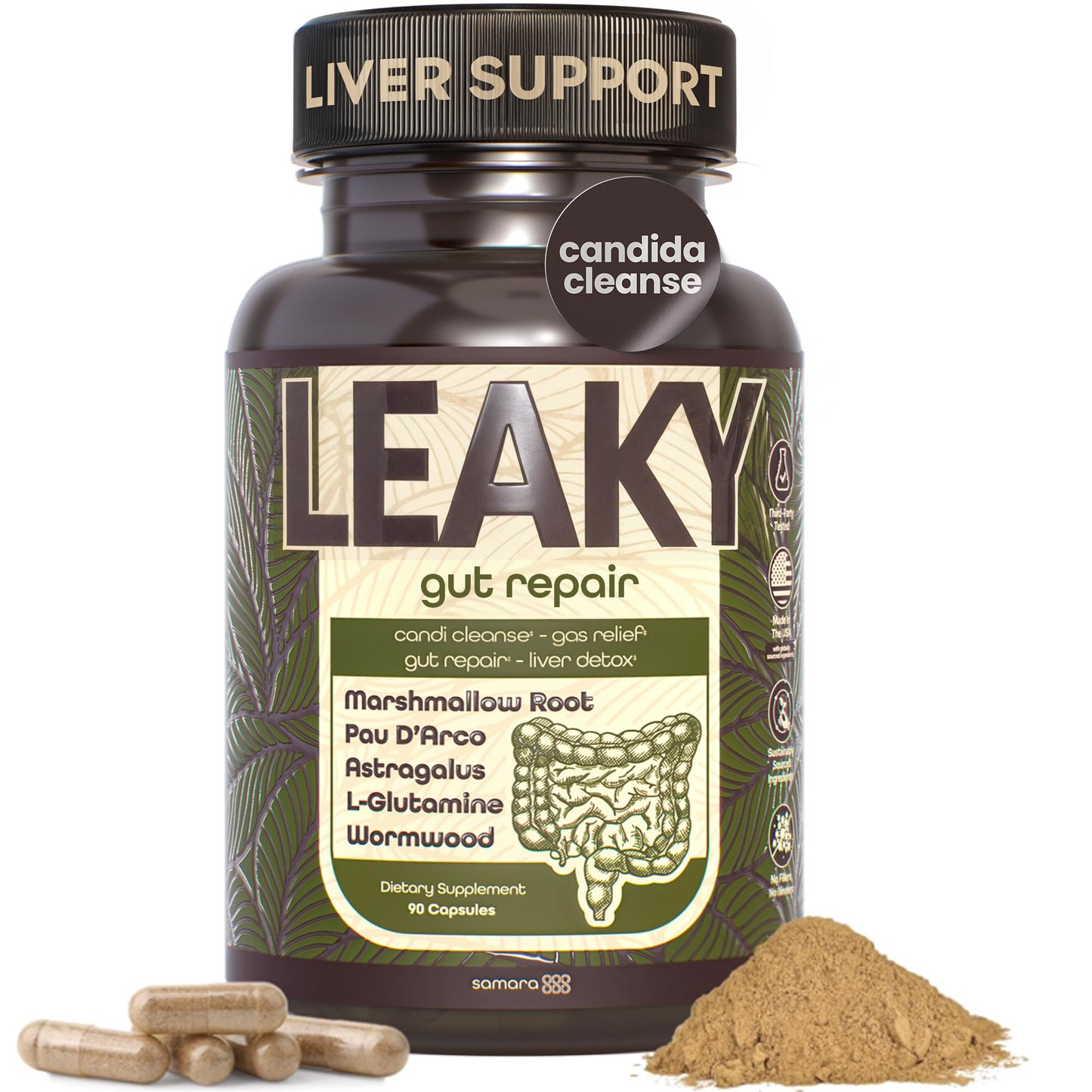 Samara 888 Leaky Gut Repair Supplement & Candida Support with Marshmallow Root, Wormwood and Pau D'Arco - Liver Cleanse Detox & Repair - Supports Gas Relief for Adults - 90 Capsules