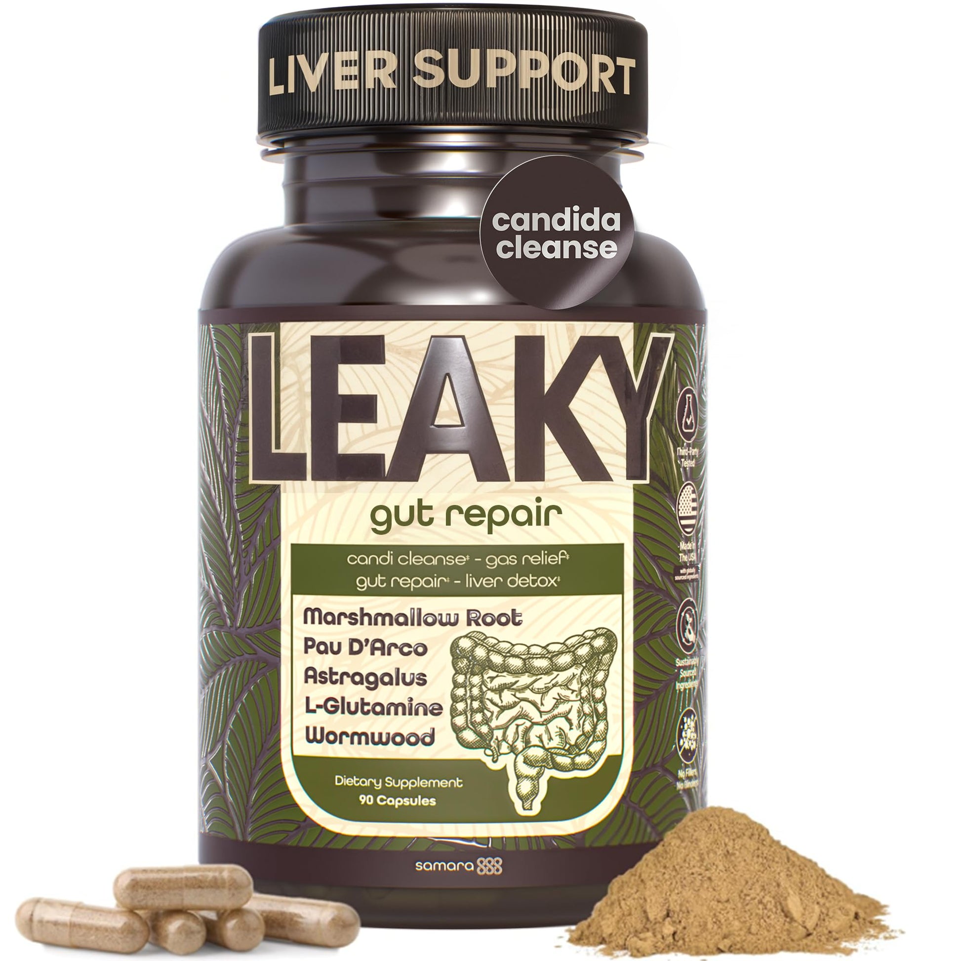 Samara 888 Leaky Gut Repair Supplement & Candida Support with Marshmallow Root, Wormwood and Pau D'Arco - Liver Cleanse Detox & Repair - Supports Gas Relief for Adults - 90 Capsules