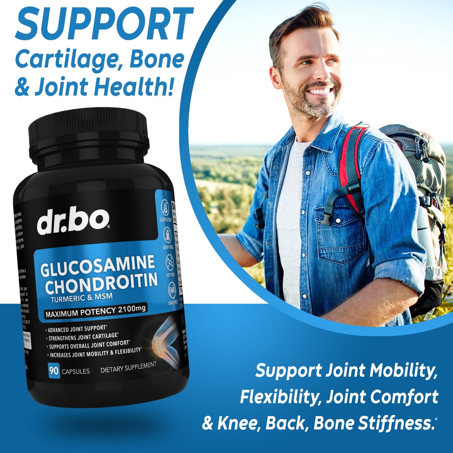 DR. BO Glucosamine Chondroitin MSM Turmeric Joint Health Supplement Capsules 90 Count