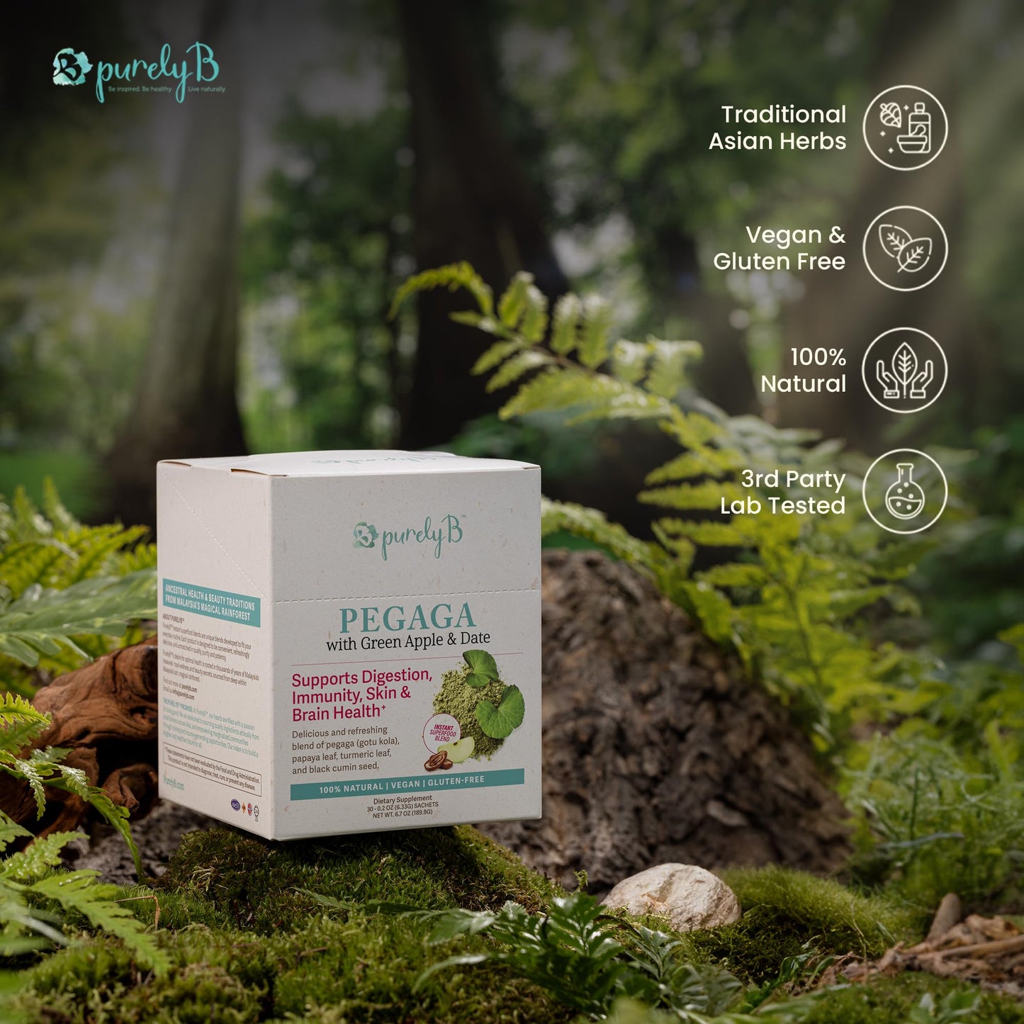 PurelyB Pegaga (Gotu Kola) Herbal Superfood Blend Green Apples & Dates Powder, 60 Servings
