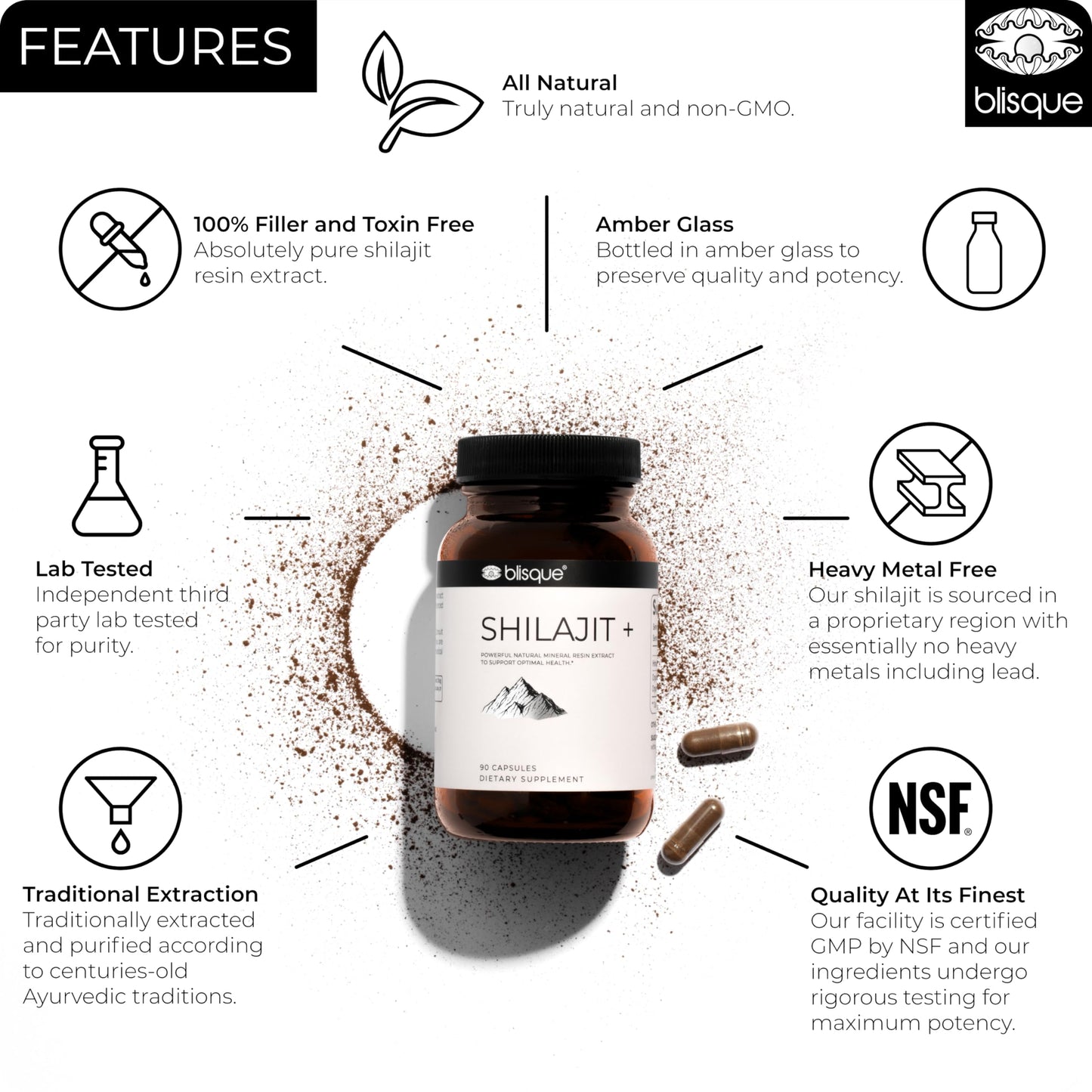 Blisque Pure Himalayan Organic Shilajit Resin Extract Capsules 90 Count