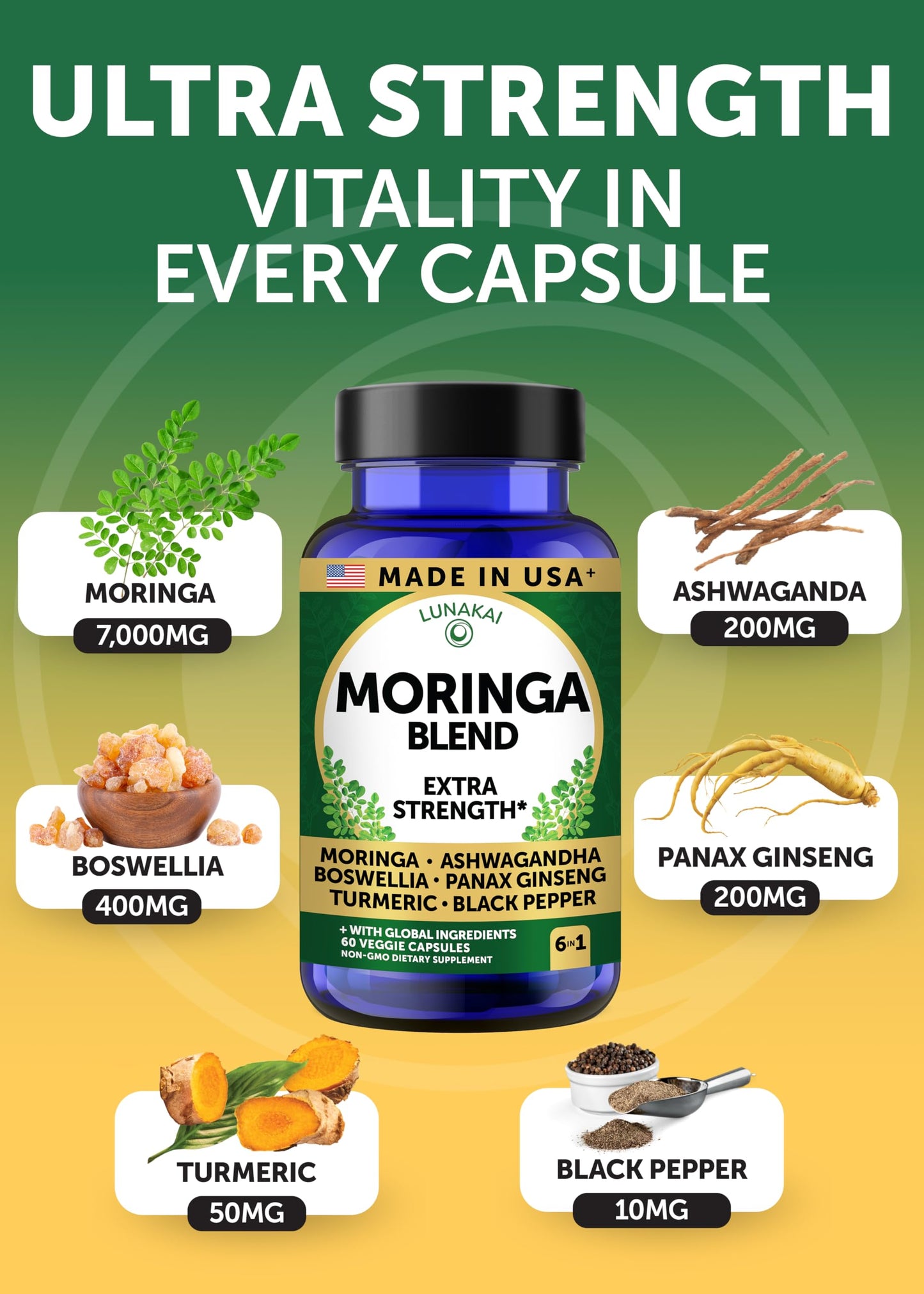 Lunakai Pure Moringa Capsules – Advanced Moringa Leaf Extract Supplement with Ashwagandha, Boswellia, Ginseng & Turmeric, 60 Capsules