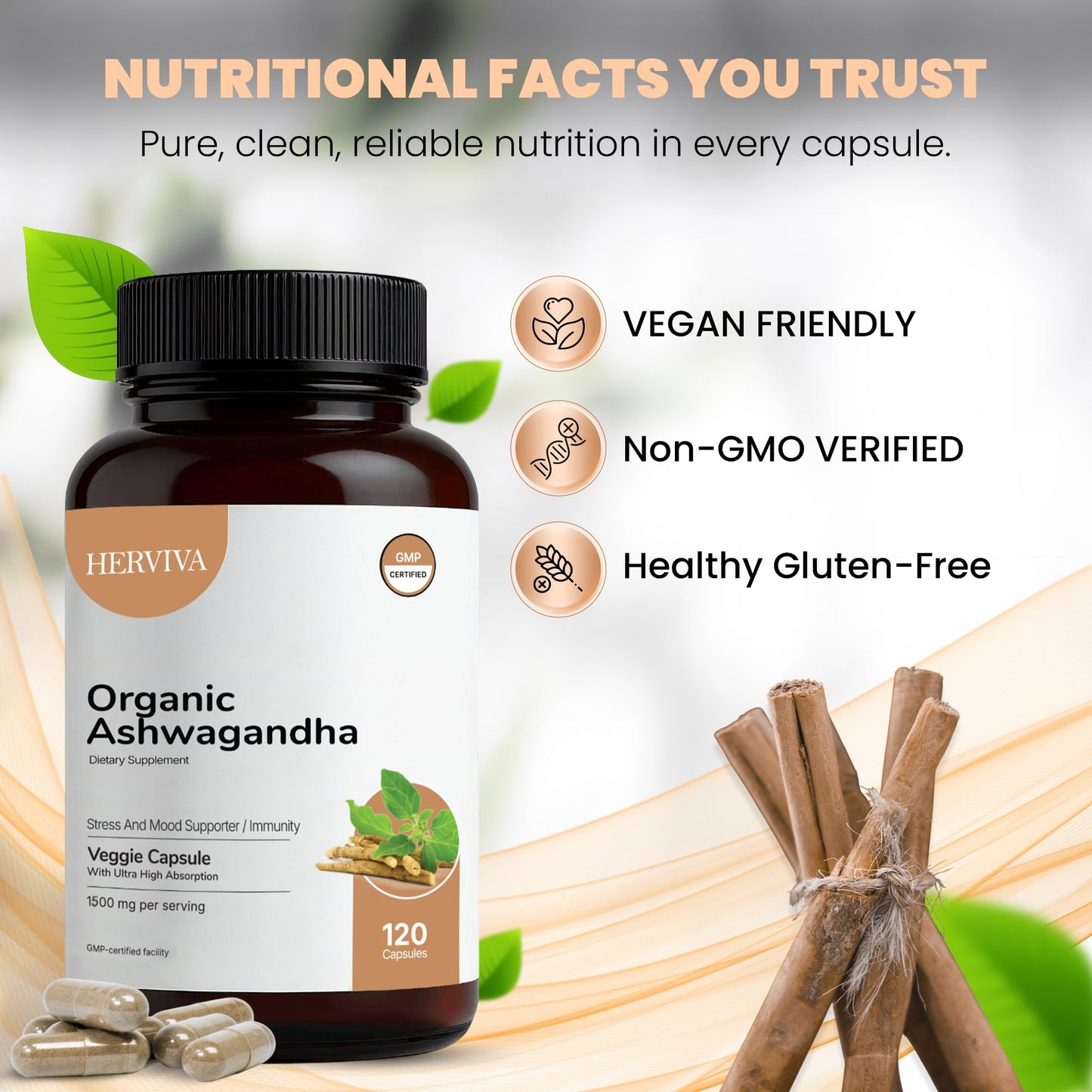 HERVIVA Organic Ashwagandha 1500mg per Serving with Black Pepper Extract, 120 Capsules