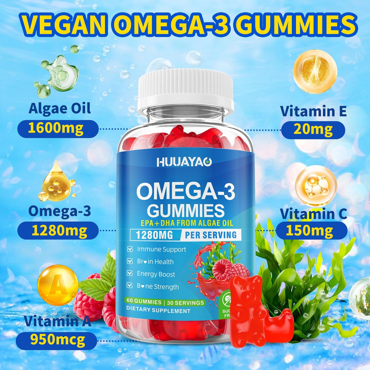 HUUAYAO Vegan Omega-3 Gummies 1280mg Gummy 120 Count