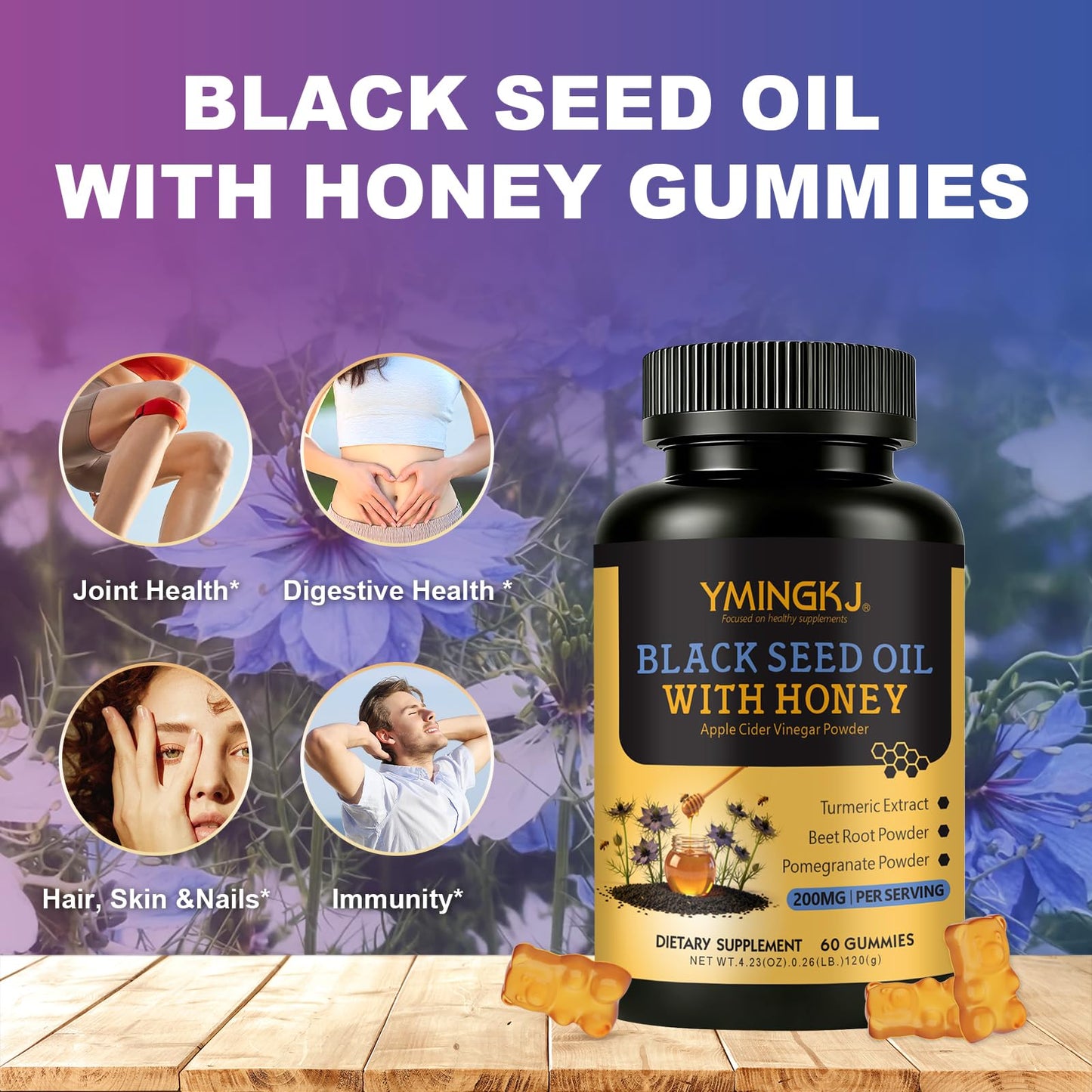 GONBERY Black Cumin Seed Oil Gummies with Biotin & ACV, Vitamin C, Turmeric & Honey - 120 Gummies