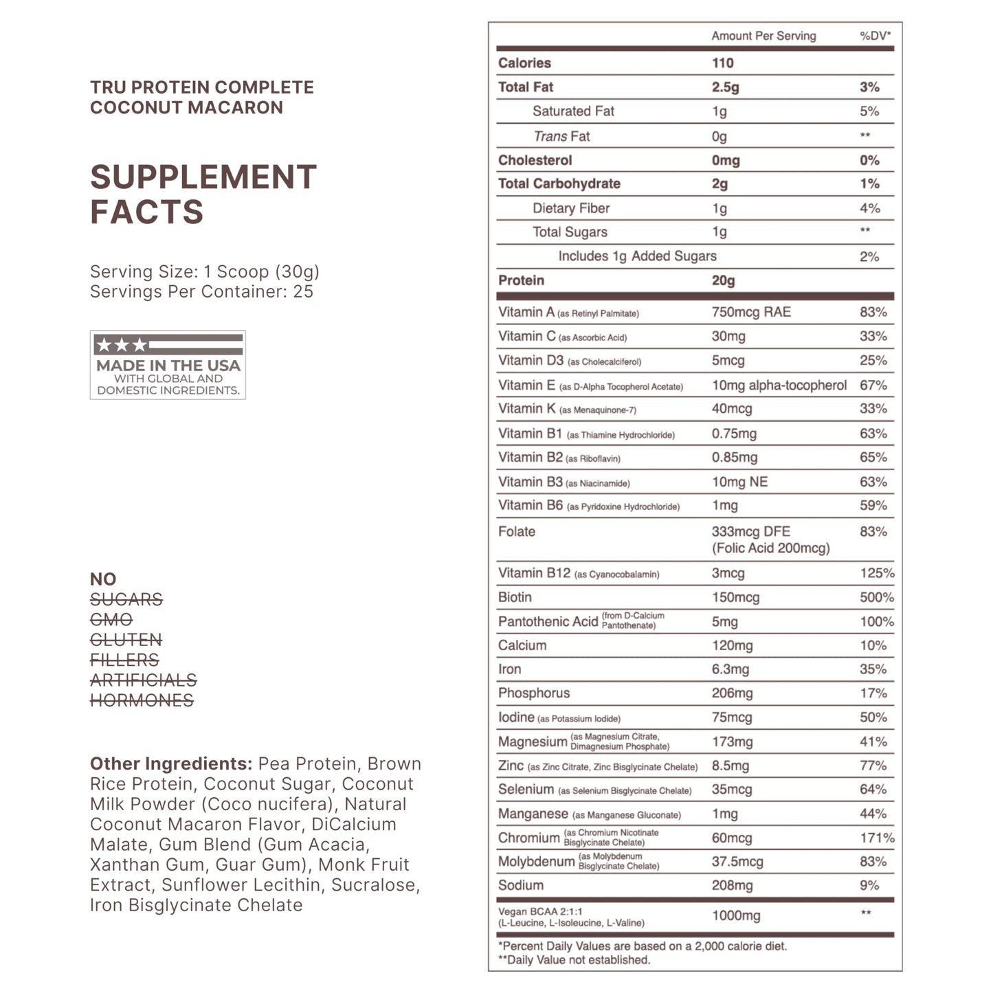 TRU Supplements Plant Based Protein Powder, BCAA & EAA, Vegan Brown Rice & Pea Protein, 25 Servings, 1.65 lb, Coconut Macaron