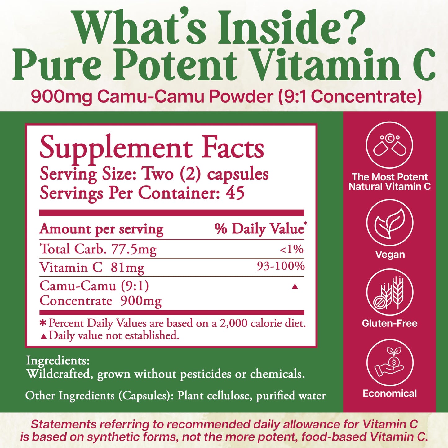 Whole World Botanicals Royal Camu Camu Powder - Whole Fruit (Dark) Powder Natural Vitamin C Source Capsules, 120 Count