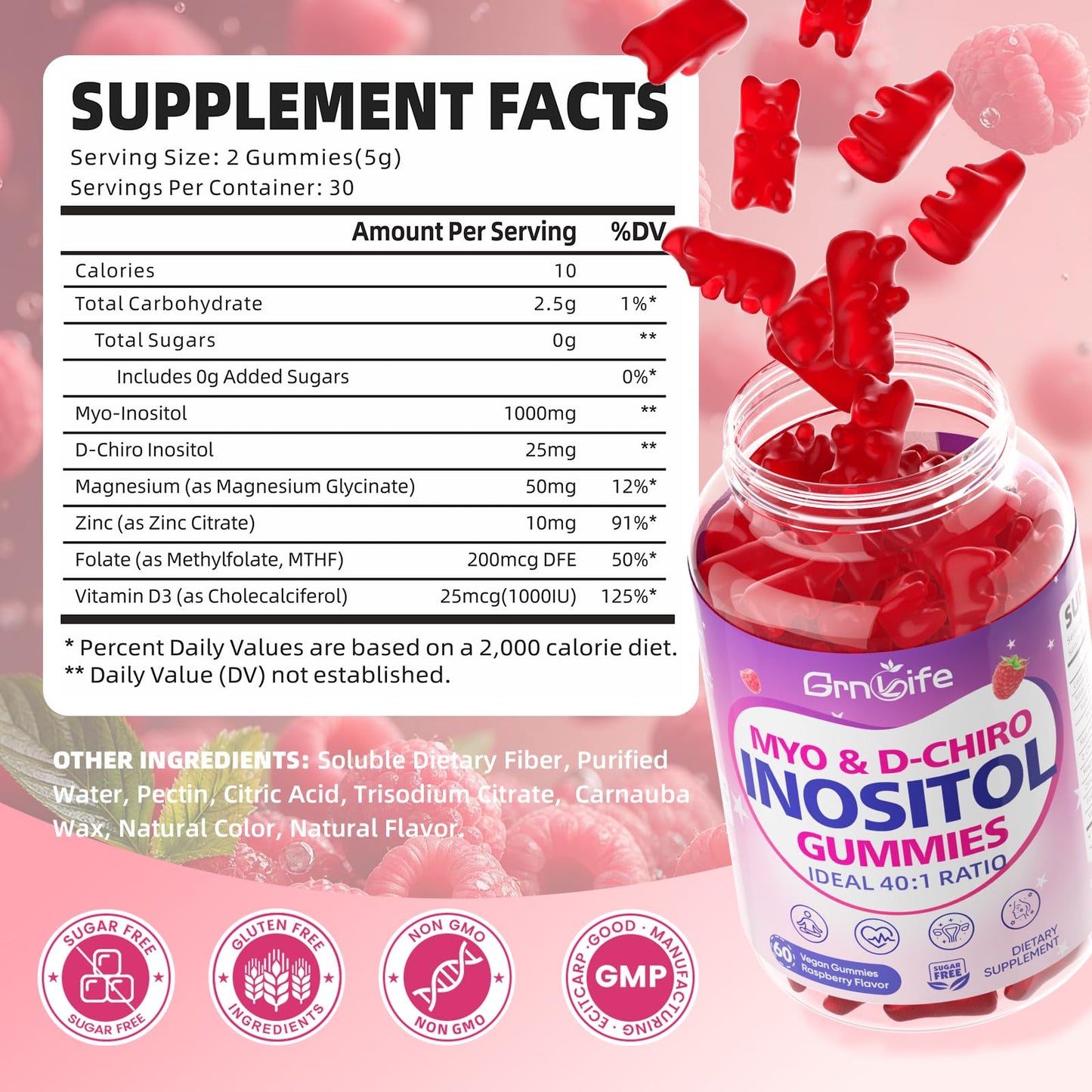 GrnLife Myo-Inositol & D-Chiro Inositol Gummies for Women, 40:1 Ratio Inositol with Vitamin D3, Magnesium Glycinate, Methyl Folate for Female Health & Wellness, Sugar Free, Raspberry Flavor, 60 Count