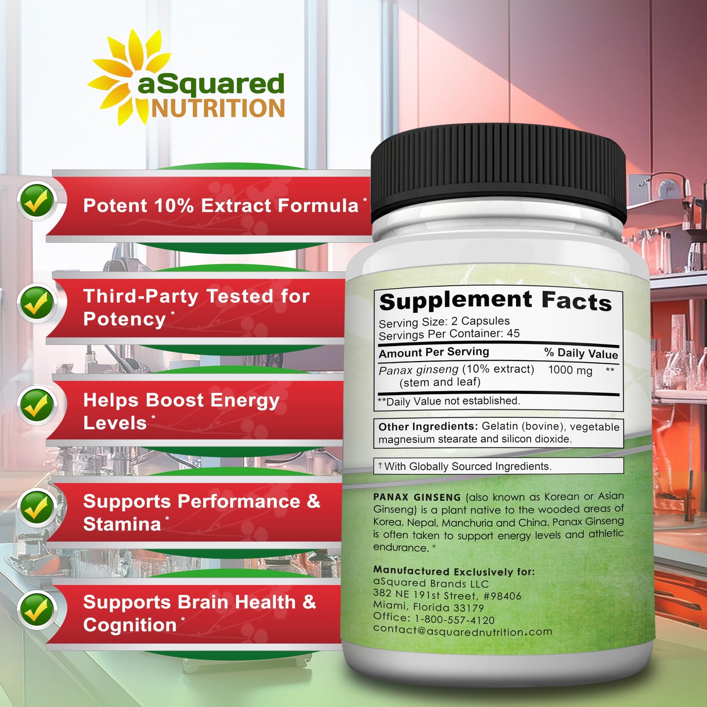 aSquared Nutrition Natural Korean Panax Ginseng 1000mg Max Strength Capsules 90 Count