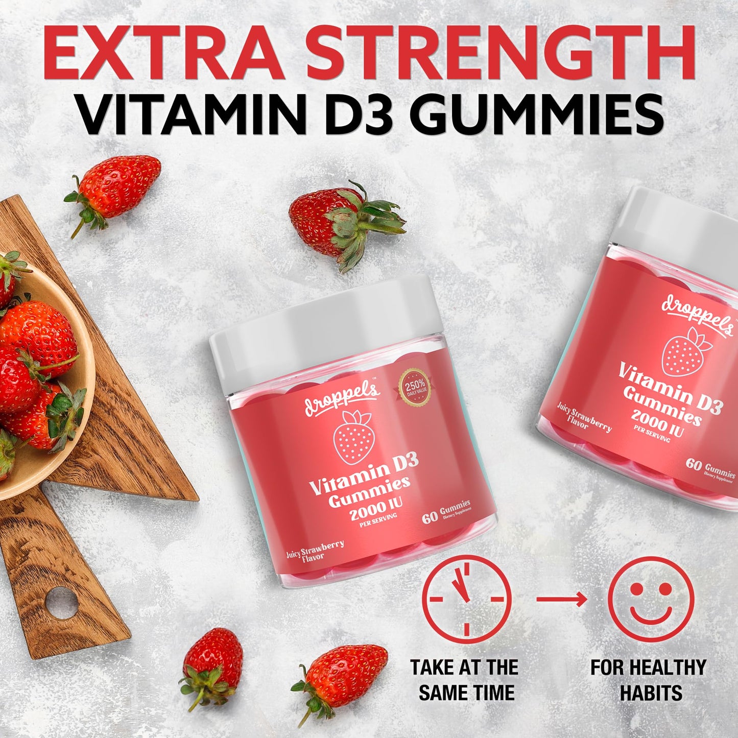 Droppels Vitamin D3 Gummies 2000 IU – Extra Strength, Vegetarian, Plant-Based (Pectin) – Juicy Strawberry Flavor, 60 Count