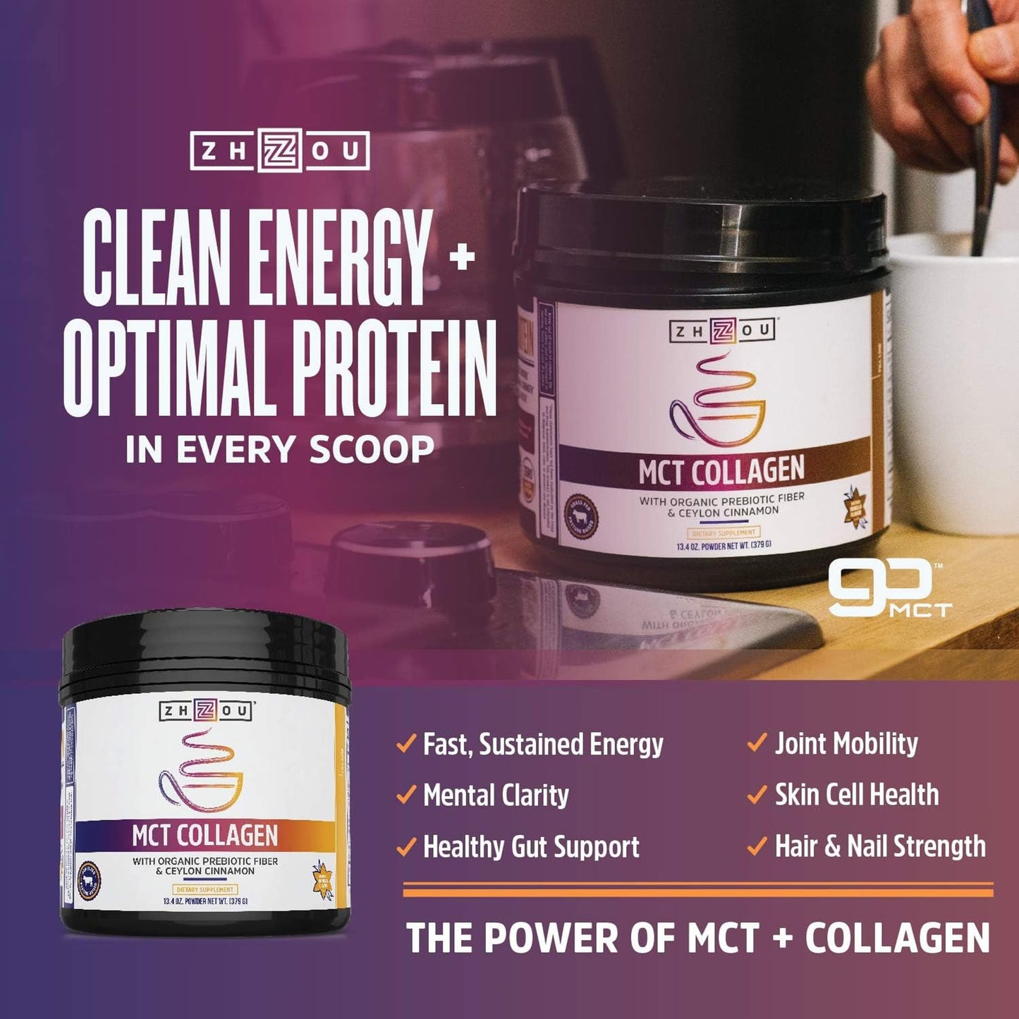 ZHOU MCT Flavored Collagen Peptides Powder for Women and Men, 13.4 oz