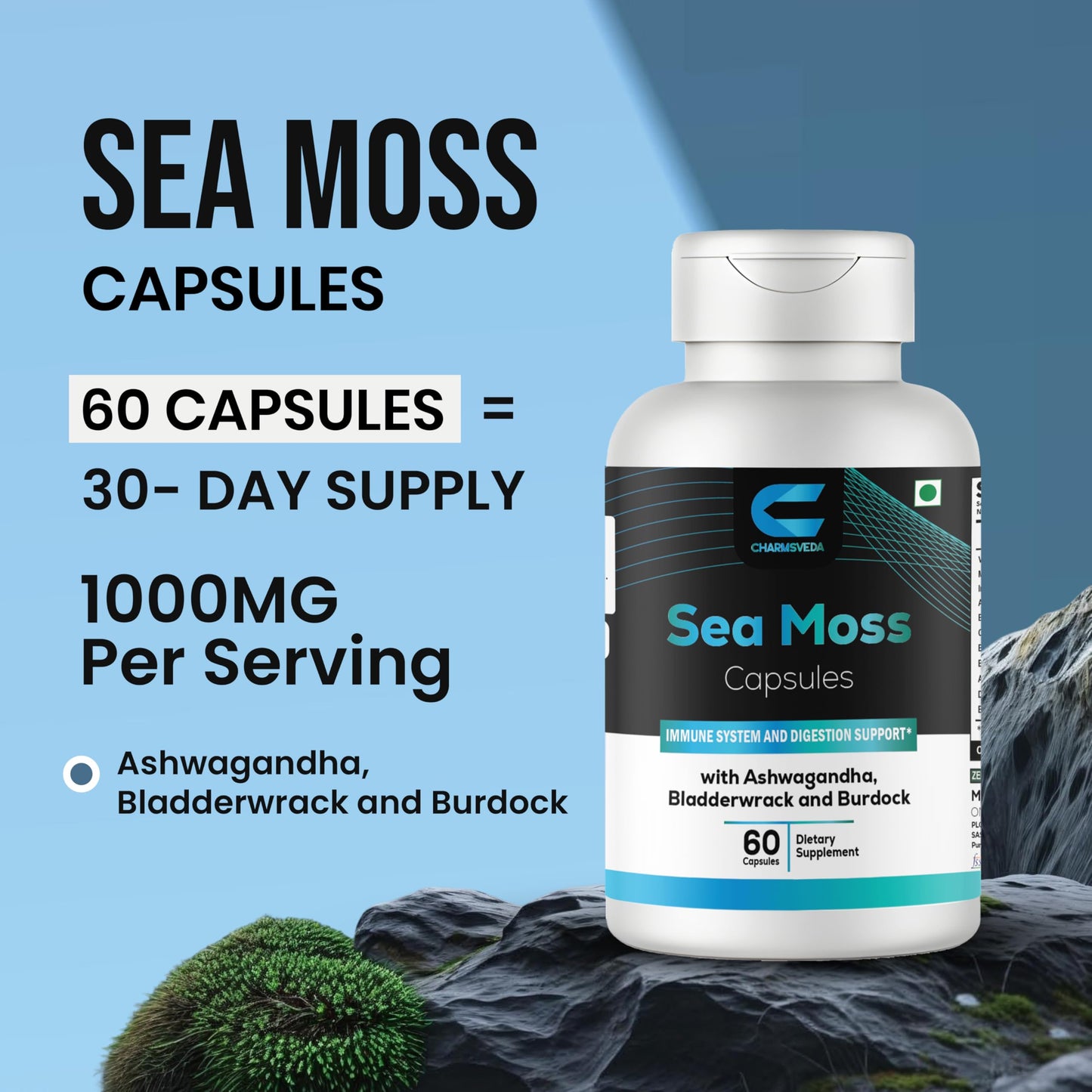 CHARMSVEDA Sea Moss Capsules with Ashwagandha, Bladderwrack & Burdock, 60 Capsules