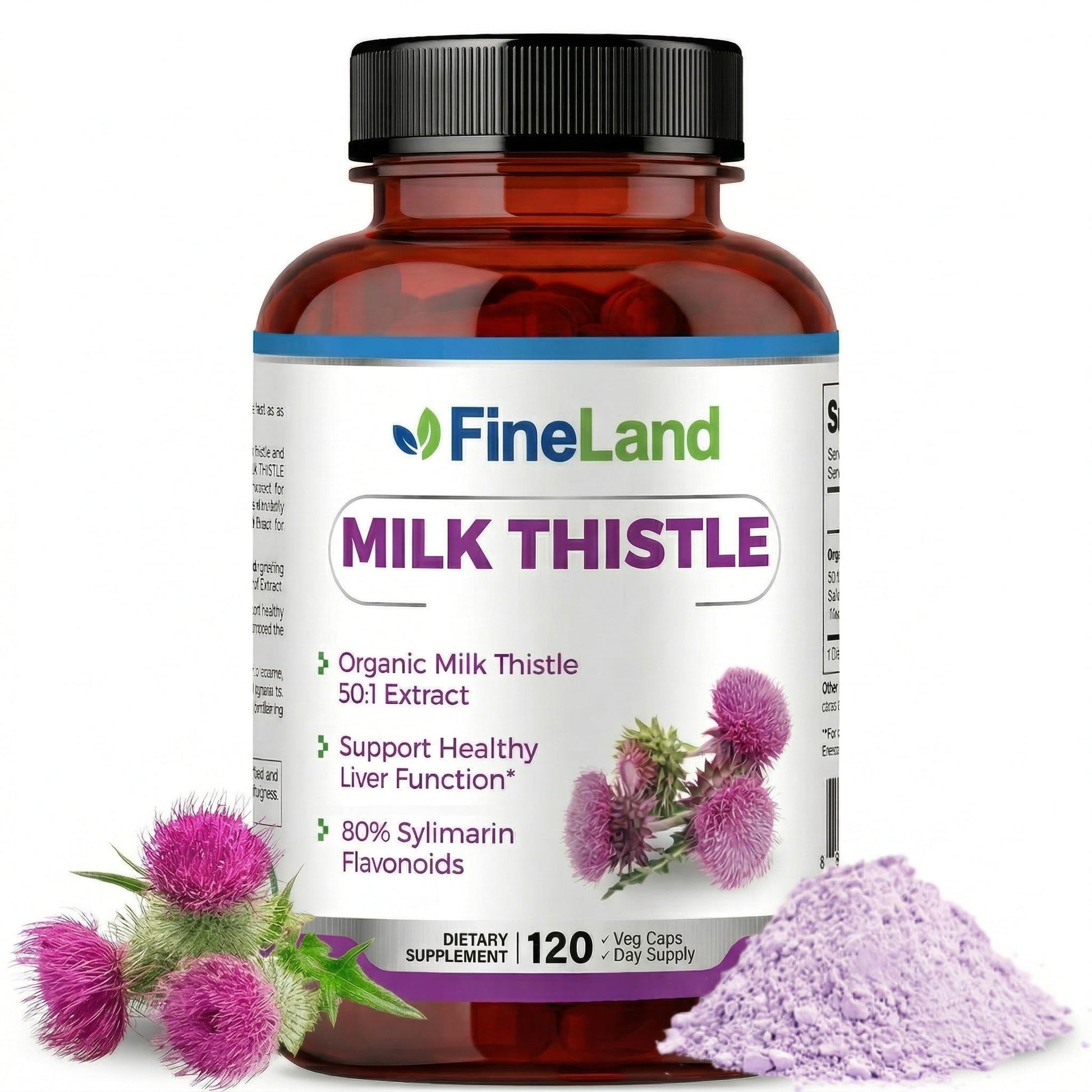 FineLand Milk Thistle 50:1 Extract with 80% Silymarin Flavonoids – Liver & Antioxidant Support, 50X Concentrated Seed Extract, 120 Capsules