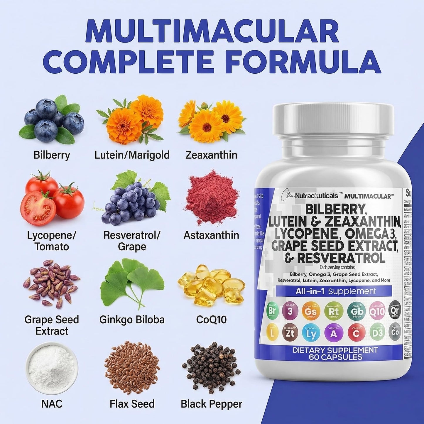 Clean Nutraceuticals Eye Vitamins with Bilberry, Lutein & Zeaxanthin Capsules, 60 Count