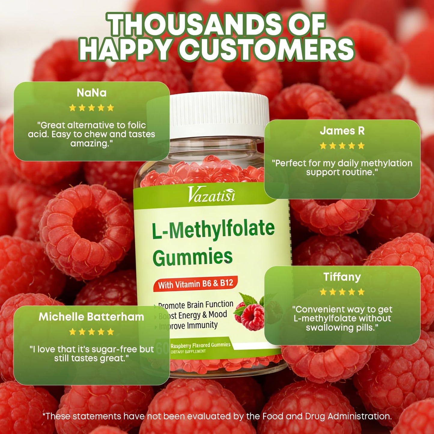 Vazatisi L-Methylfolate 15 mg Gummies with Methyl B12, Folate Supplement for Mood, Brain Health, Immune Support, Raspberry Flavor, 120 Count