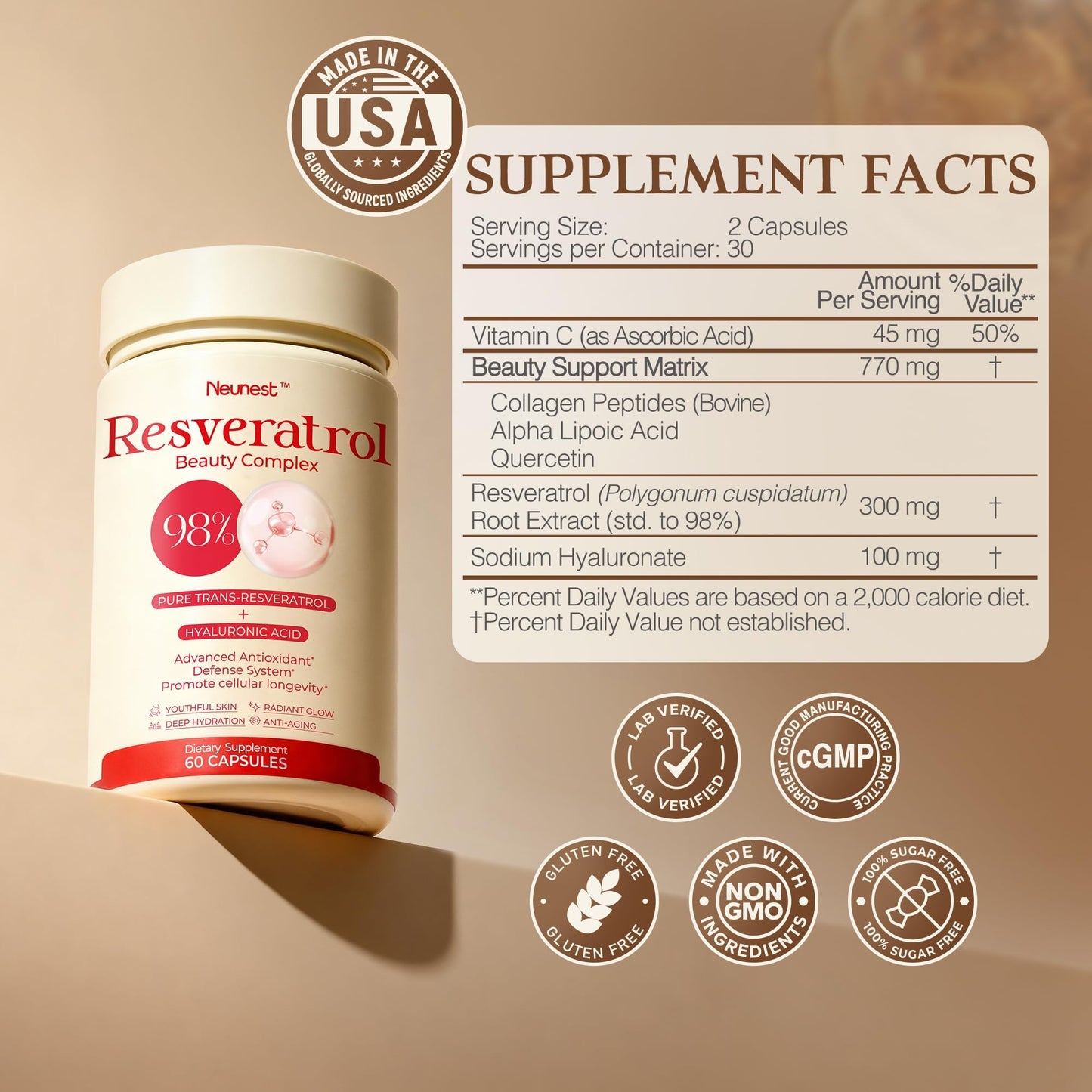 NEUNEST Resveratrol Supplement 98% High Purity Trans-Resveratrol Complex with Collagen Peptides & Hyaluronic Acid, Quercetin, Antioxidant Support for Skin & Beauty, Immune Health, Gluten-Free, 60 Capsules